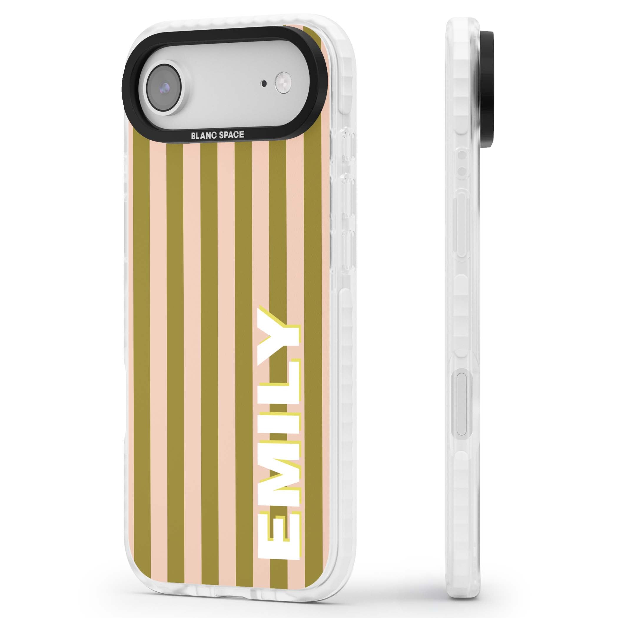 Indian Stripe personalised iPhone case featuring olive green and blush pink vertical stripes with custom name in whit | Impact Magsafe case for iPhone Air