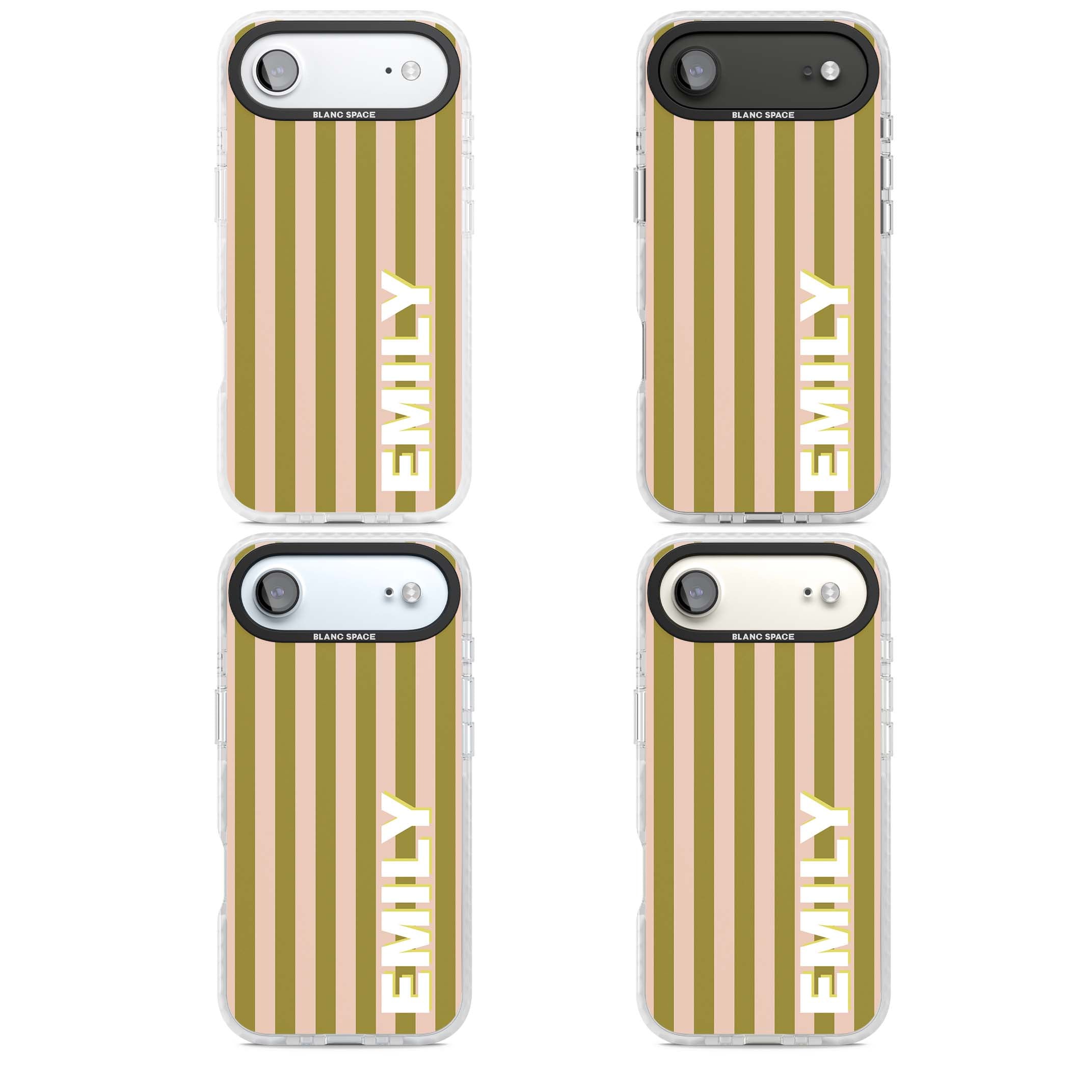 Indian Stripe personalised iPhone case featuring olive green and blush pink vertical stripes with custom name in whit | Impact Magsafe case for iPhone Air