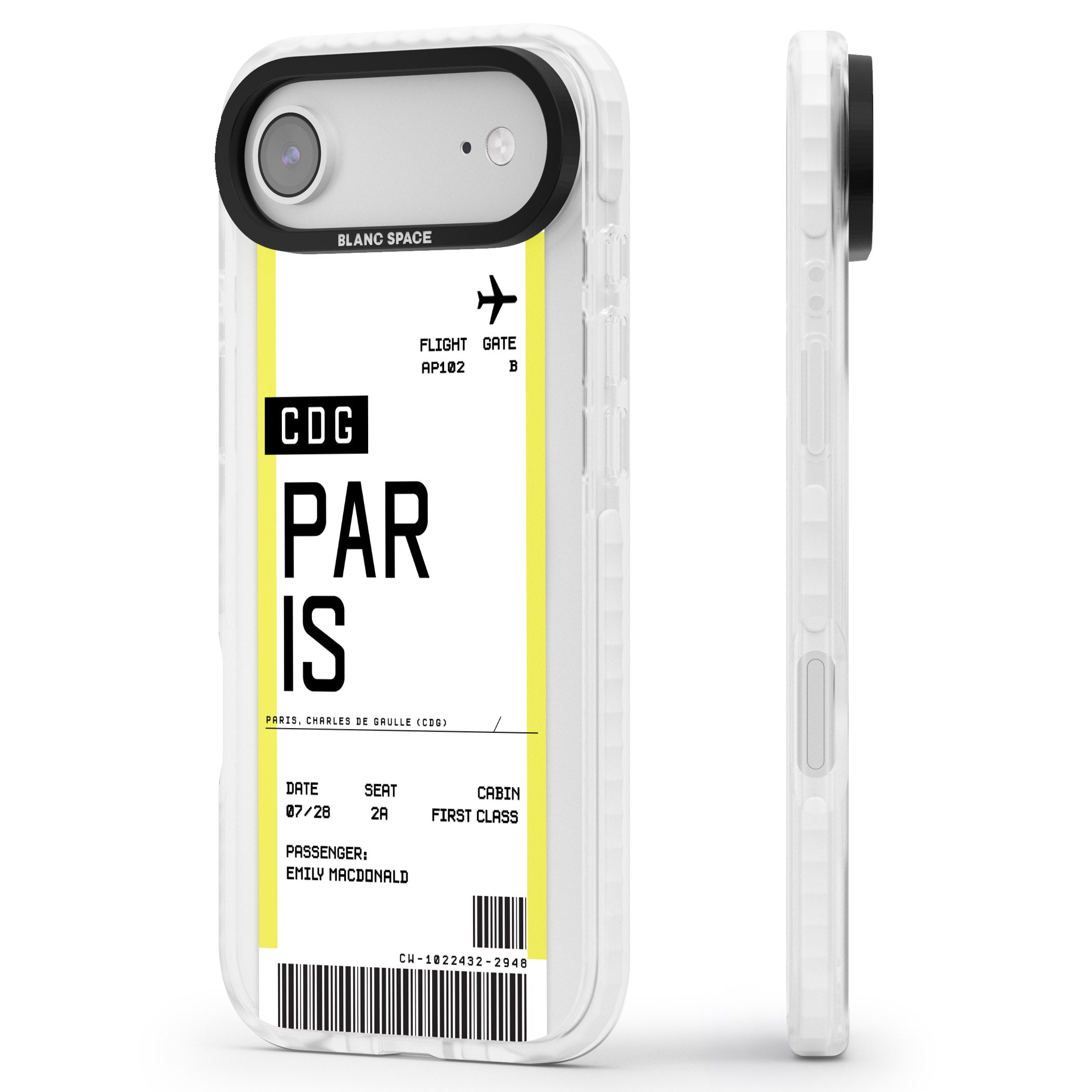 Personalised Paris Boarding Pass iPhone 17 Air Impact Pro Clear Phone Case Side Profile