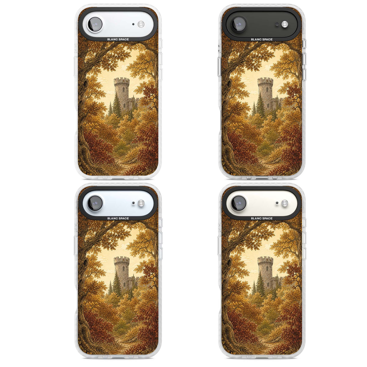 Autumn Keep cottagecore iPhone case featuring a medieval castle tower framed by golden autumn trees and woodland foliage | Impact Magsafe case for iPhone Air