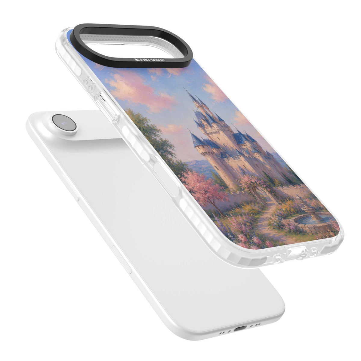 Enchanted Kingdom fairytale iPhone case featuring a romantic castle painting with cherry blossoms and pastel pink sky | Impact Magsafe case for iPhone Air