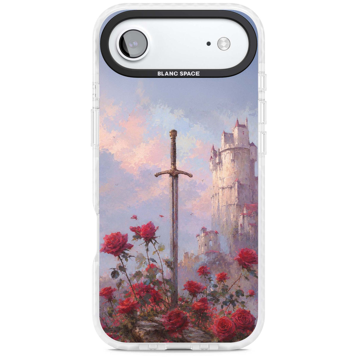 Sword in Roses medieval art iPhone case featuring a sword, red roses, and a misty fairytale castle at sunset | Impact Magsafe case for iPhone Air