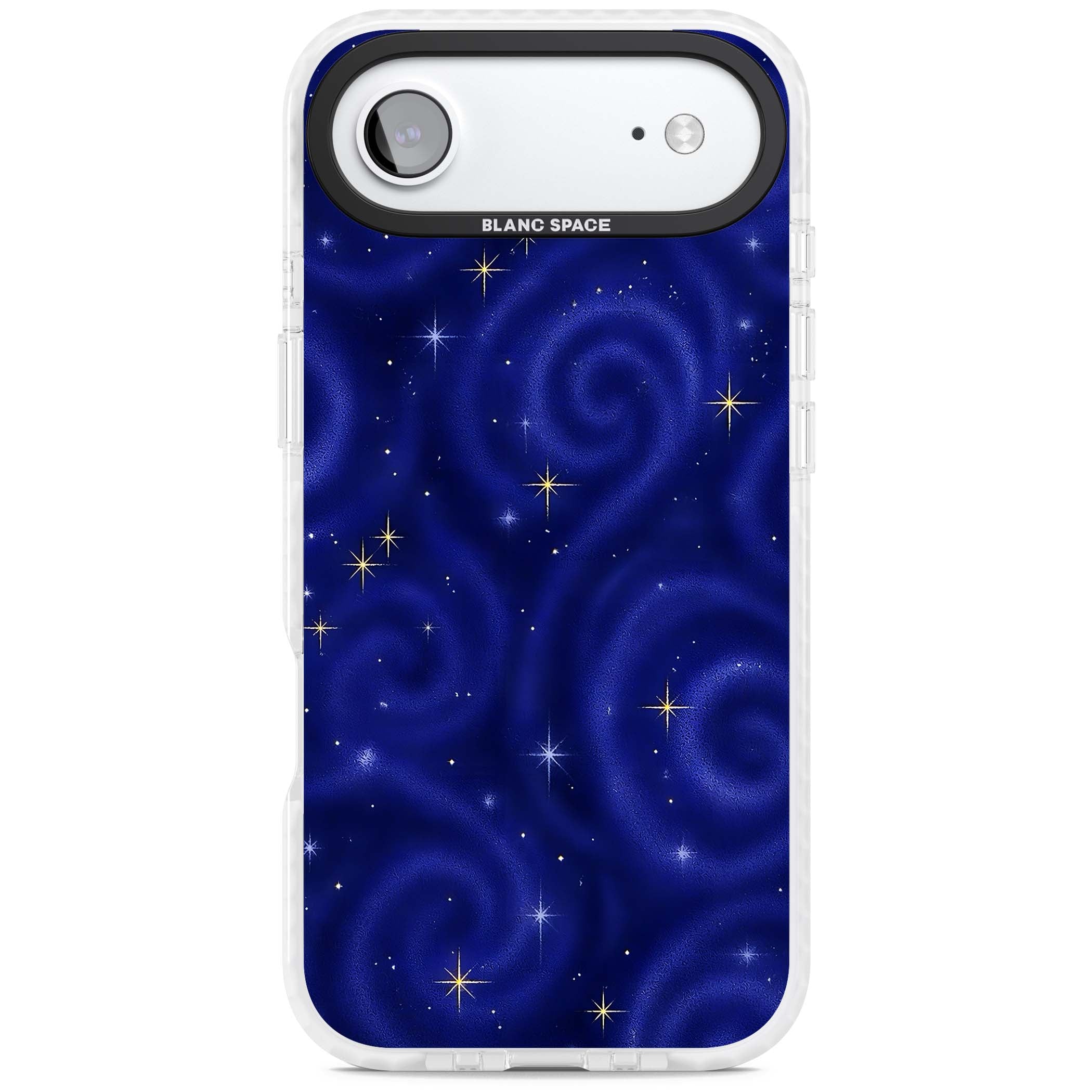 Indigo Cosmos celestial iPhone case featuring swirling navy night sky and sparkling golden stars | Impact Magsafe case for iPhone Air