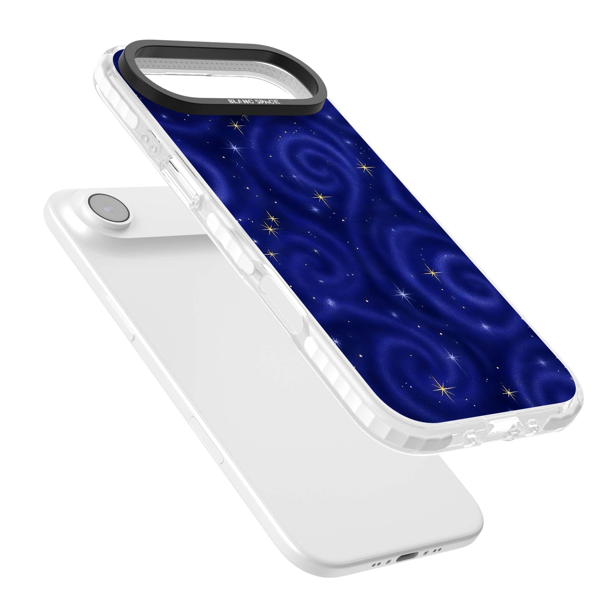Indigo Cosmos celestial iPhone case featuring swirling navy night sky and sparkling golden stars | Impact Magsafe case for iPhone Air