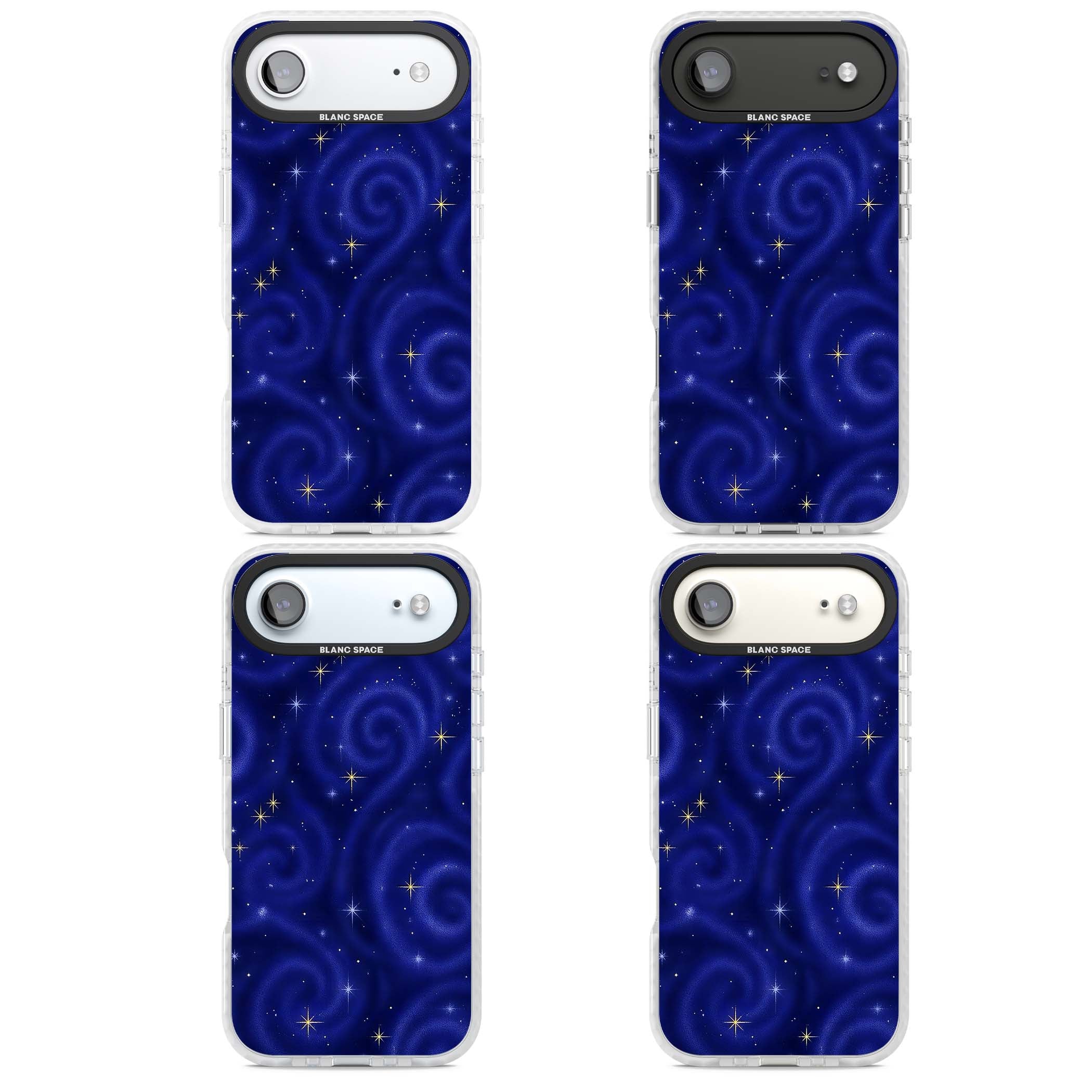 Indigo Cosmos celestial iPhone case featuring swirling navy night sky and sparkling golden stars | Impact Magsafe case for iPhone Air