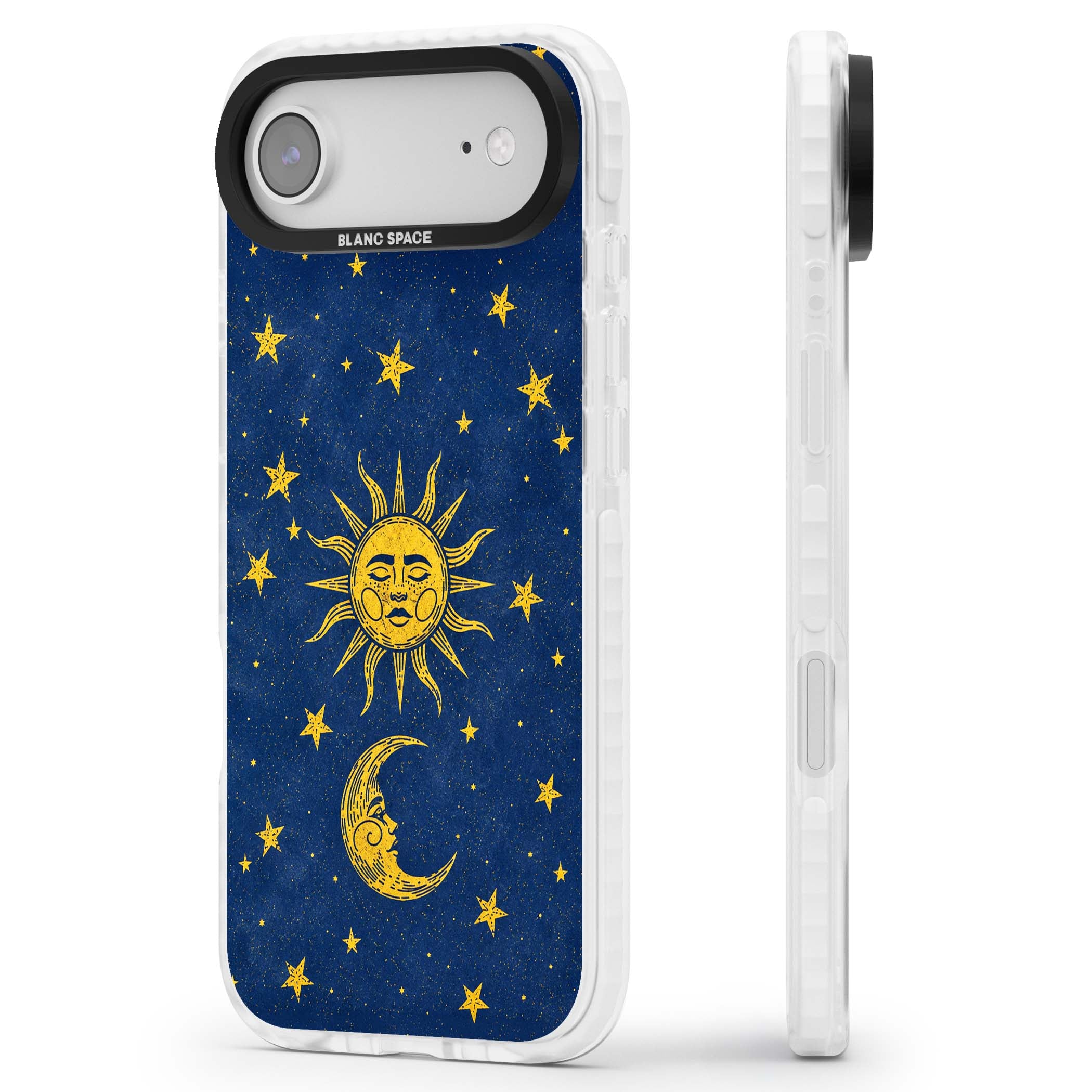 Sun & Moon Reverie celestial iPhone case featuring a vintage golden sun, crescent moon and scattered stars on midnight blue | Impact Magsafe case for iPhone Air