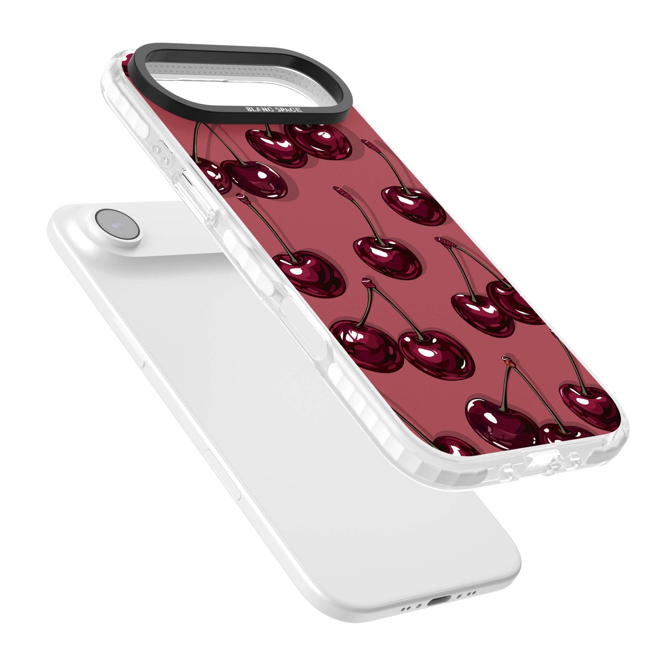 Cherry Rebel coquette iPhone case featuring glossy burgundy cherries on a dusty rose background | Impact Magsafe case for iPhone Air
