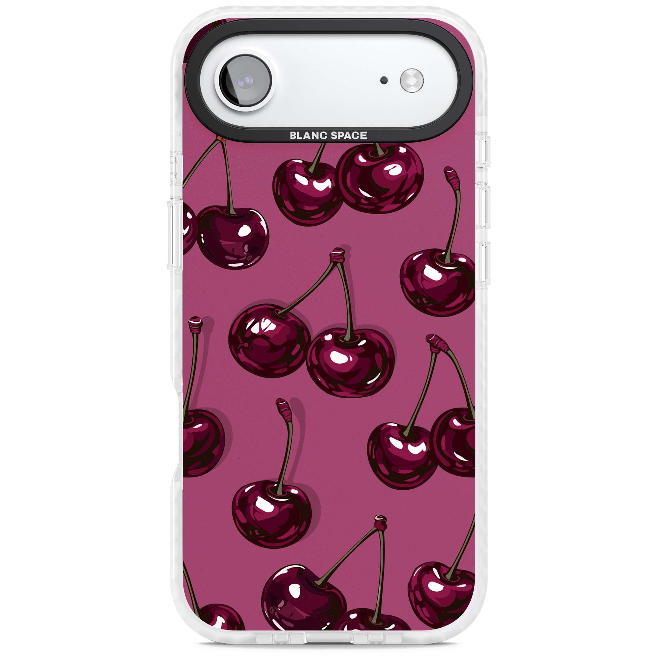 Cherry Soda coquette iPhone case featuring glossy burgundy cherries on a dusty pink background | Impact Magsafe case for iPhone Air