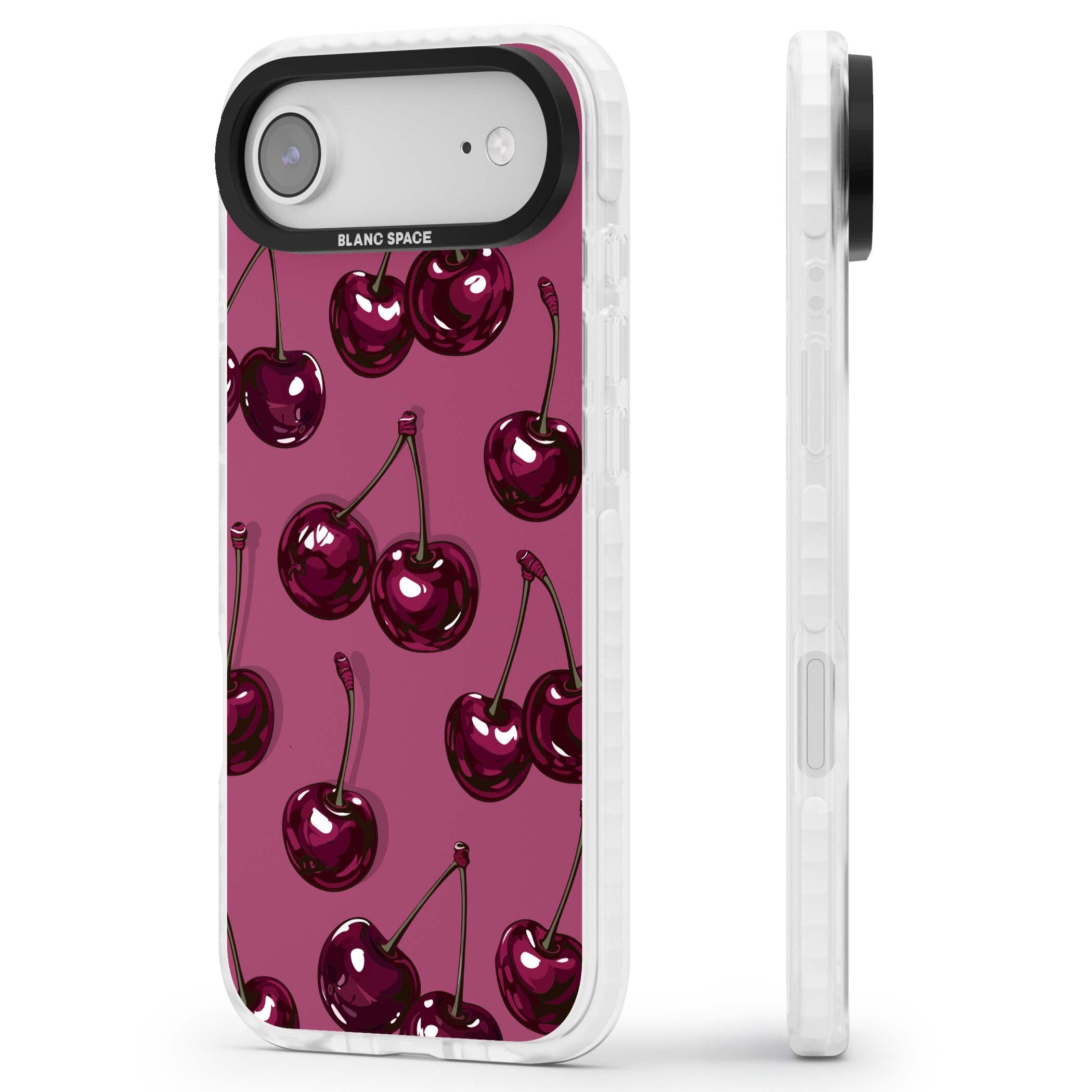 Cherry Soda coquette iPhone case featuring glossy burgundy cherries on a dusty pink background | Impact Magsafe case for iPhone Air