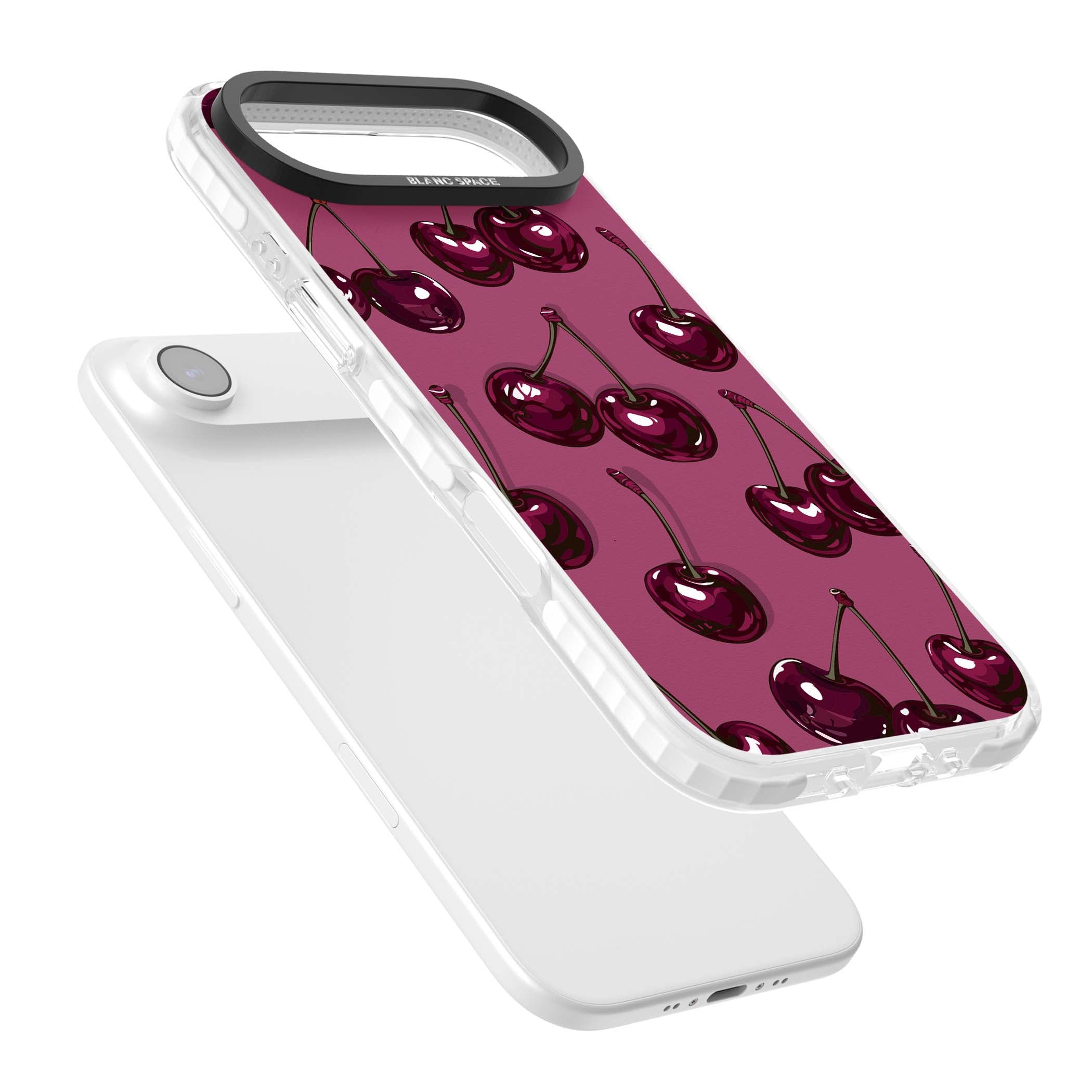 Cherry Soda coquette iPhone case featuring glossy burgundy cherries on a dusty pink background | Impact Magsafe case for iPhone Air