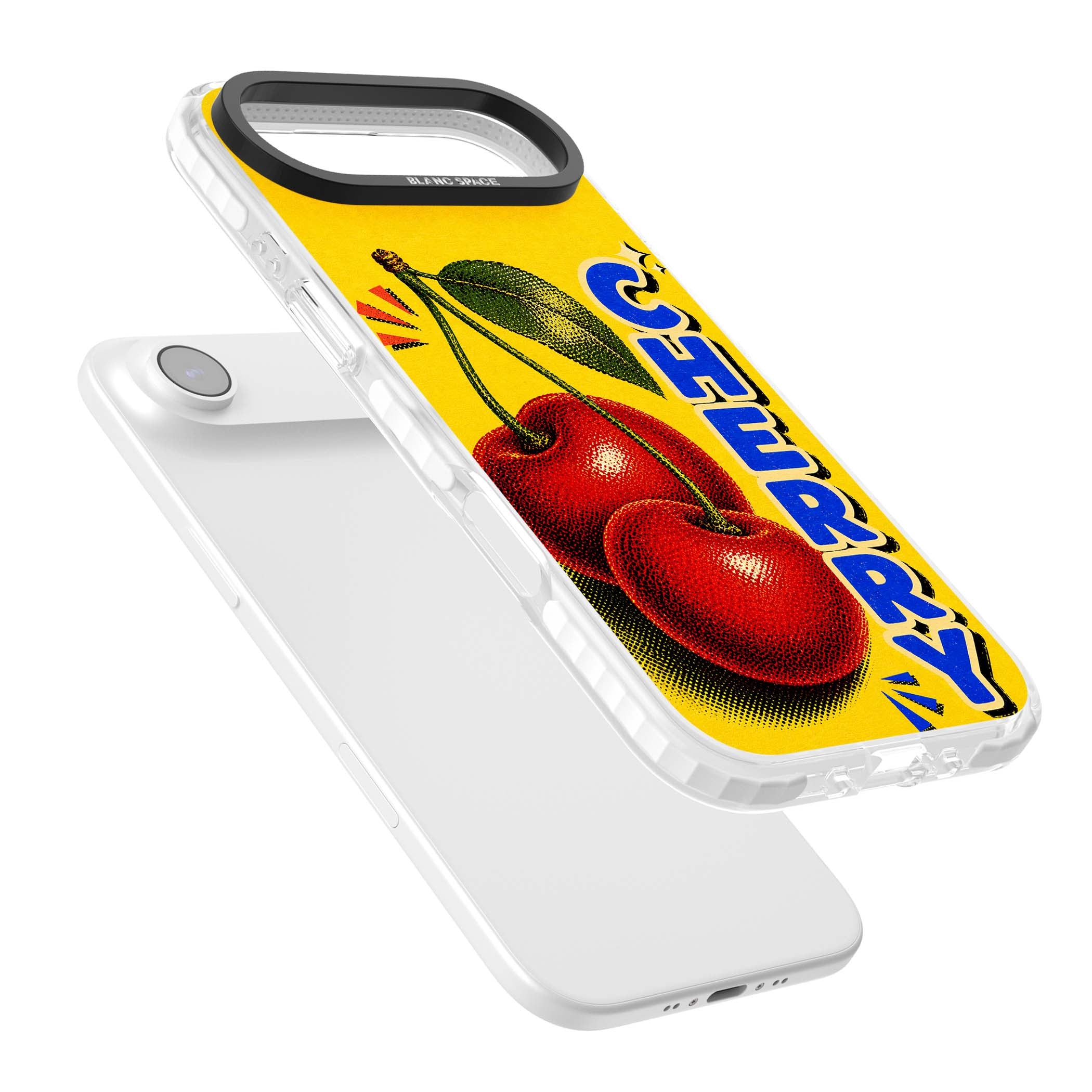 Cherry Yellow y2k iPhone case featuring two red cherries, halftone shading and bold blue CHERRY lettering on yellow | Impact Magsafe case for iPhone Air