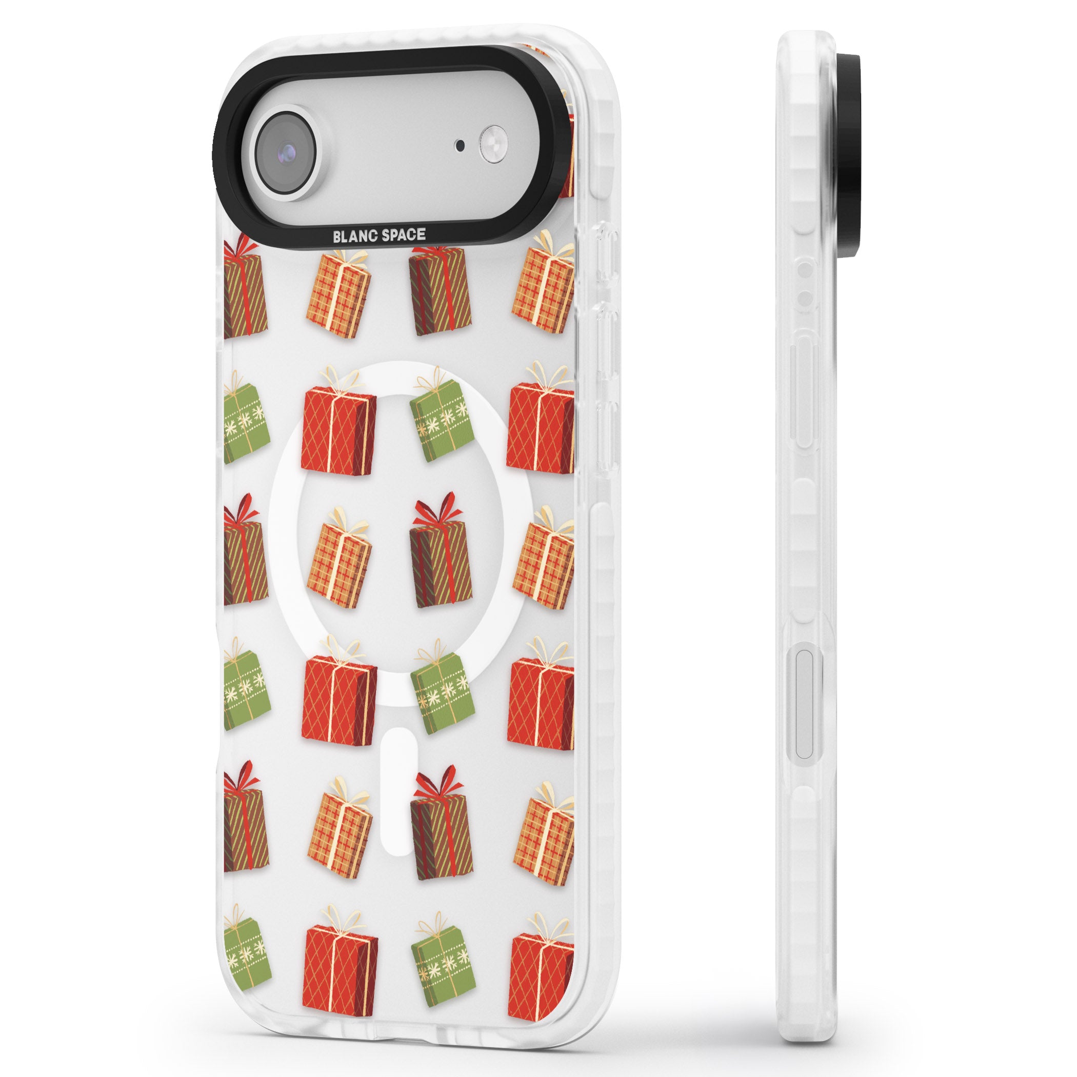 Christmas Presents Pattern iPhone 17 Air Impact Pro Clear Phone Case Side Profile