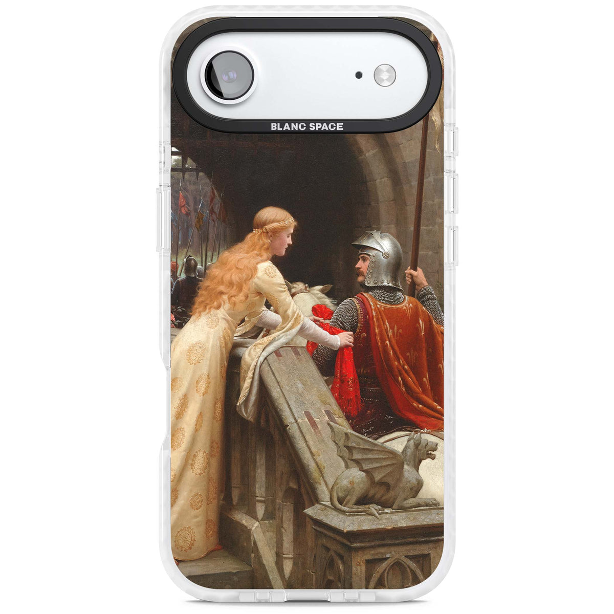 God Speed fine art iPhone case featuring Edmund Blair Leighton's medieval knight and lady beneath a stone archway | Impact Magsafe case for iPhone Air