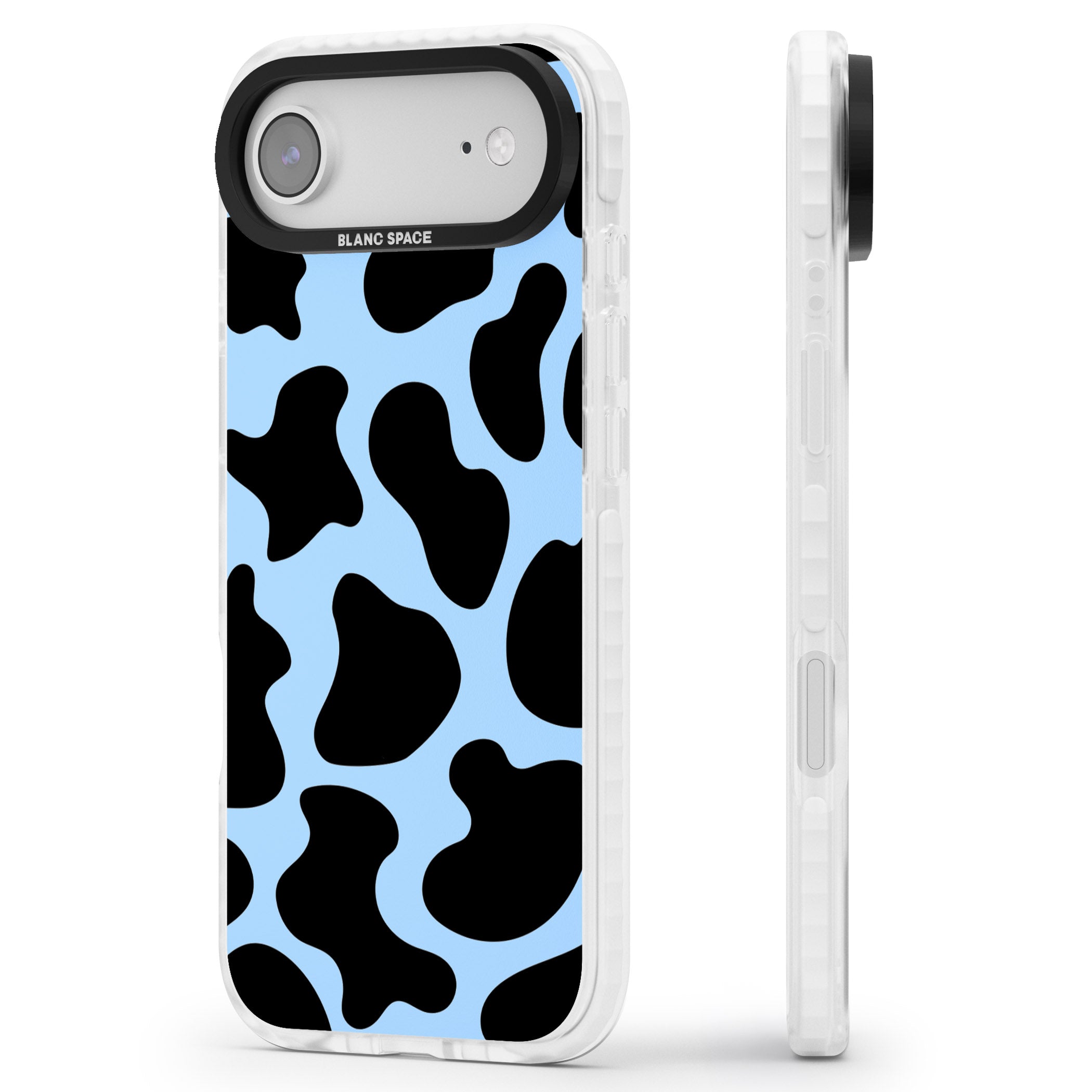 Blue And Black Cow Print iPhone 17 Air Impact Pro Clear Phone Case Side Profile