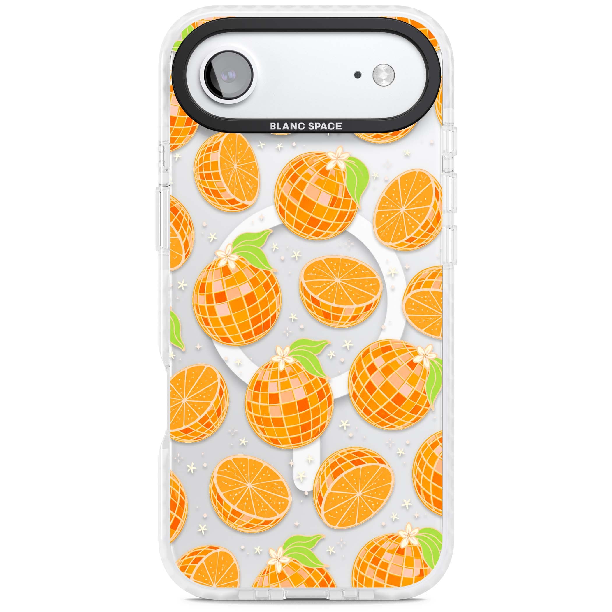 Disco Oranges retro iPhone case featuring mirrorball oranges, citrus slices and tiny blossoms on clear | Impact Magsafe case for iPhone Air
