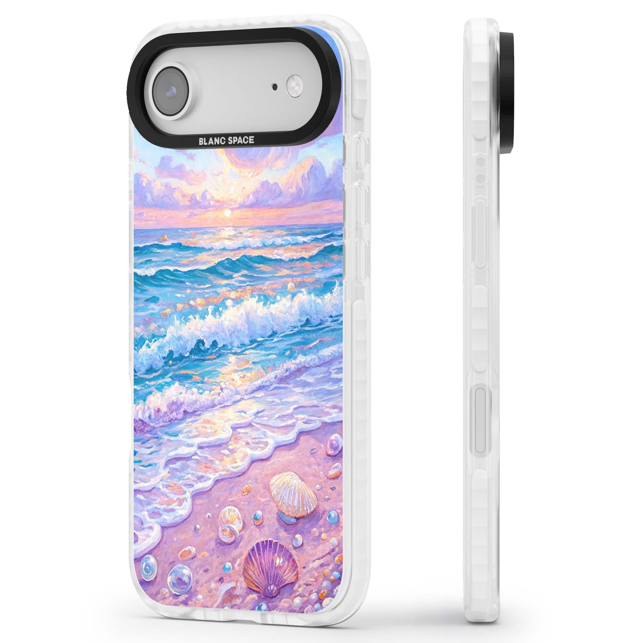 Pearl Shore coastal iPhone case featuring pastel painted waves, seashells, and a sunrise sky over a lavender beach. | Impact Magsafe case for iPhone Air