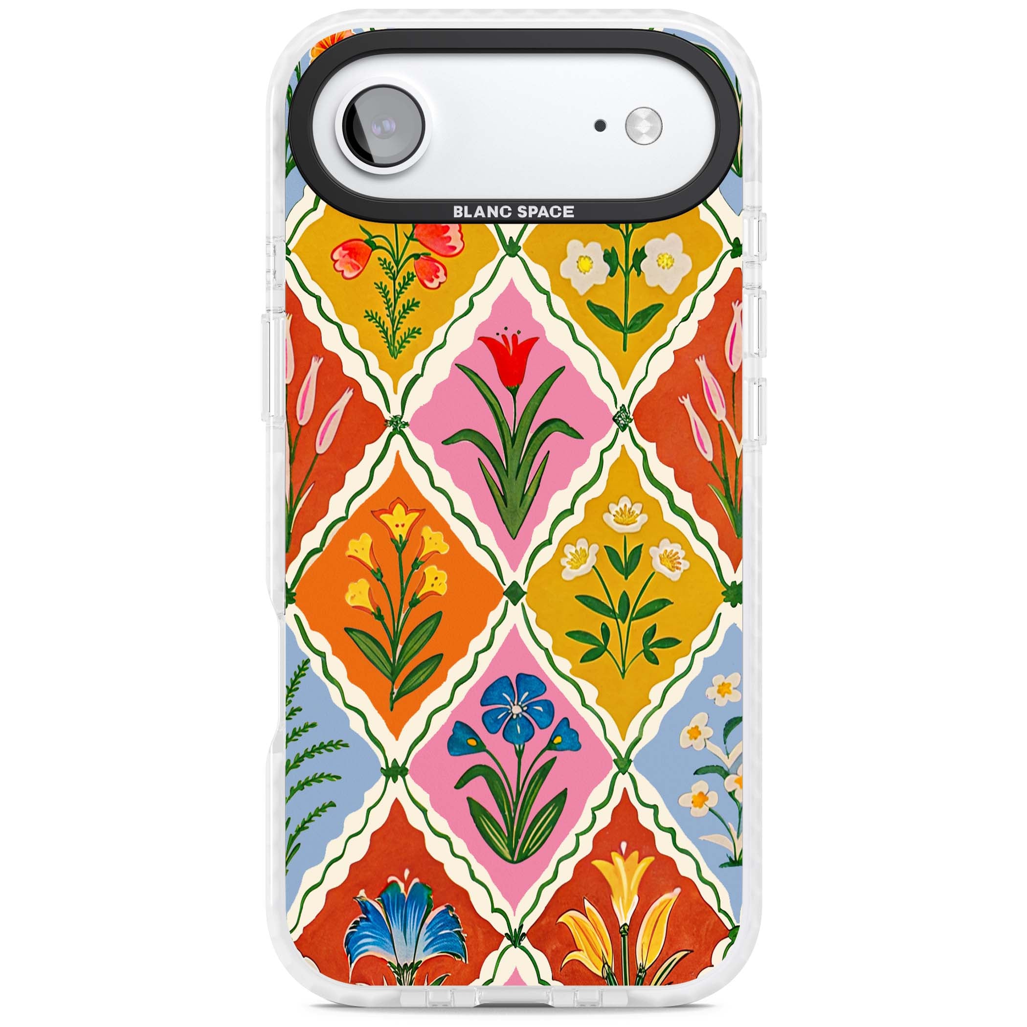 Floral Quilt boho floral iPhone case featuring diamond lattice pattern, hand-painted tulips and folk art wildflowers | Impact Magsafe case for iPhone Air