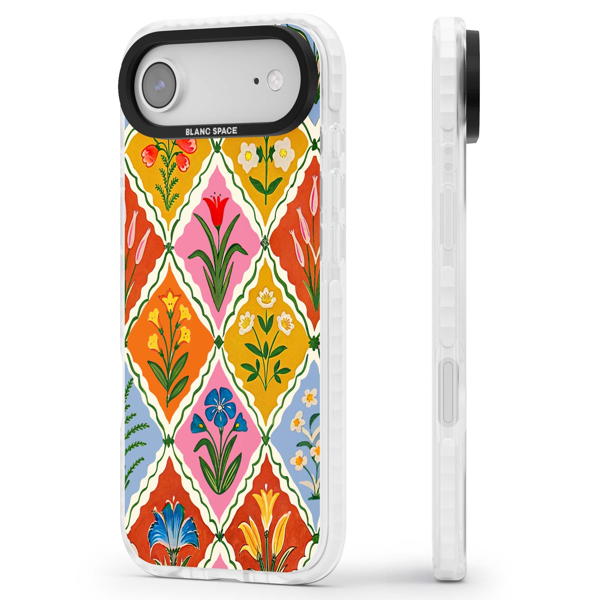 Floral Quilt boho floral iPhone case featuring diamond lattice pattern, hand-painted tulips and folk art wildflowers | Impact Magsafe case for iPhone Air