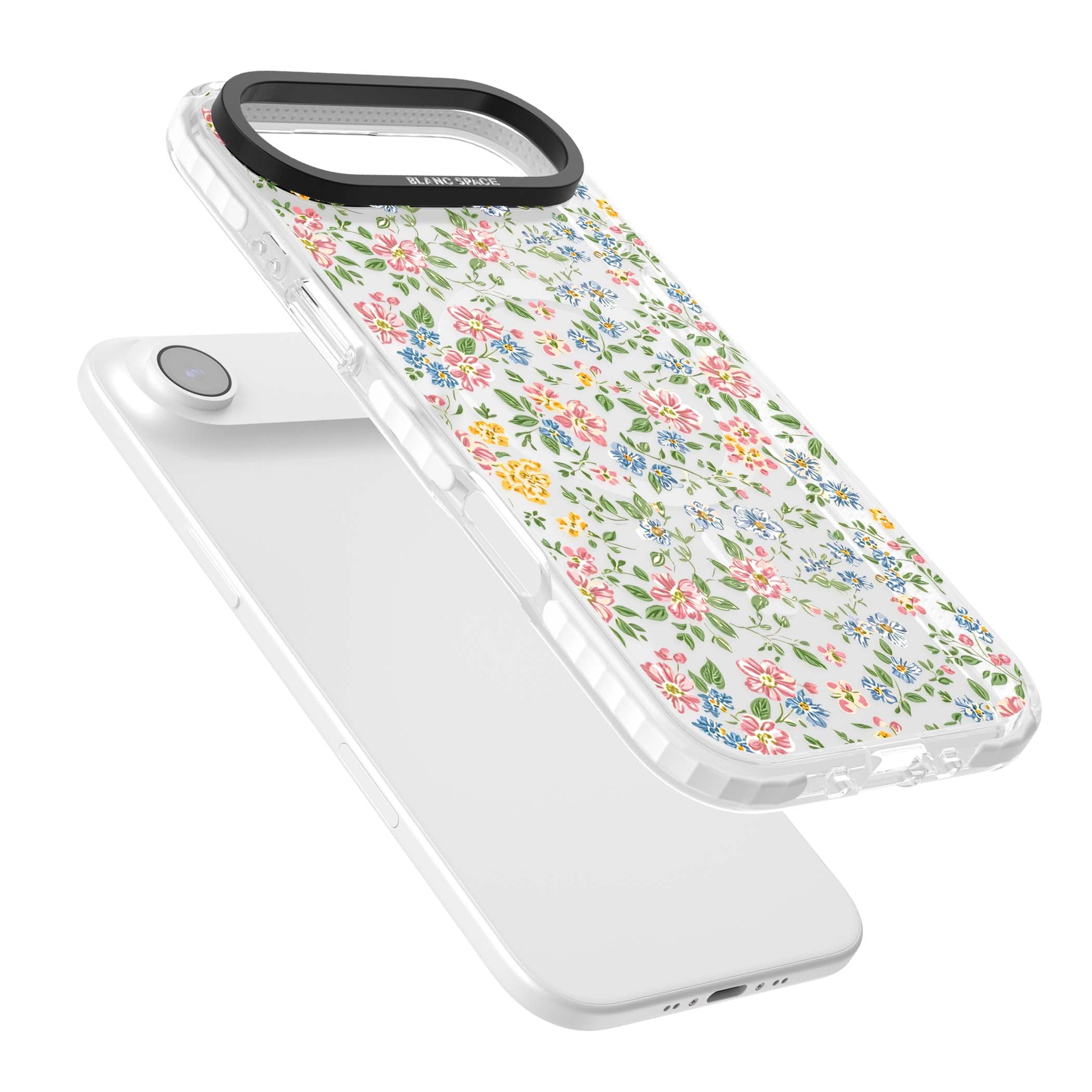 Soft Meadow cottagecore iPhone case featuring pink cosmos, blue forget-me-nots, yellow buttercups and green leaves sca | Impact Magsafe case for iPhone Air