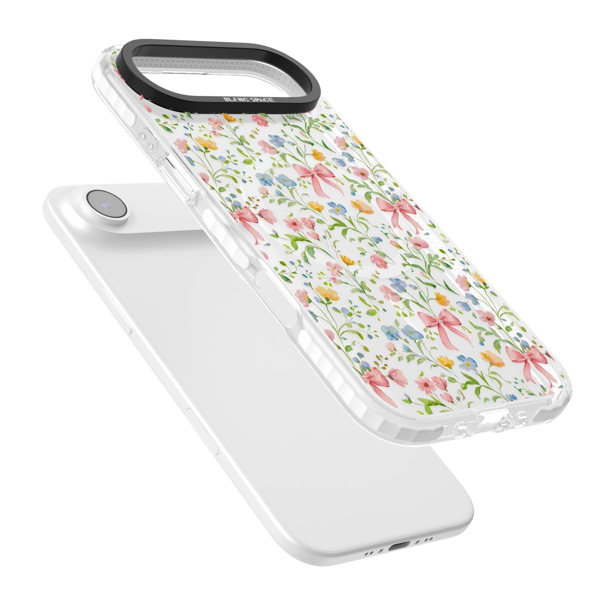 Ribbons & Wildflowers cottagecore iPhone case featuring watercolor wildflowers, pink satin bows, and delicate spring blooms o | Impact Magsafe case for iPhone Air