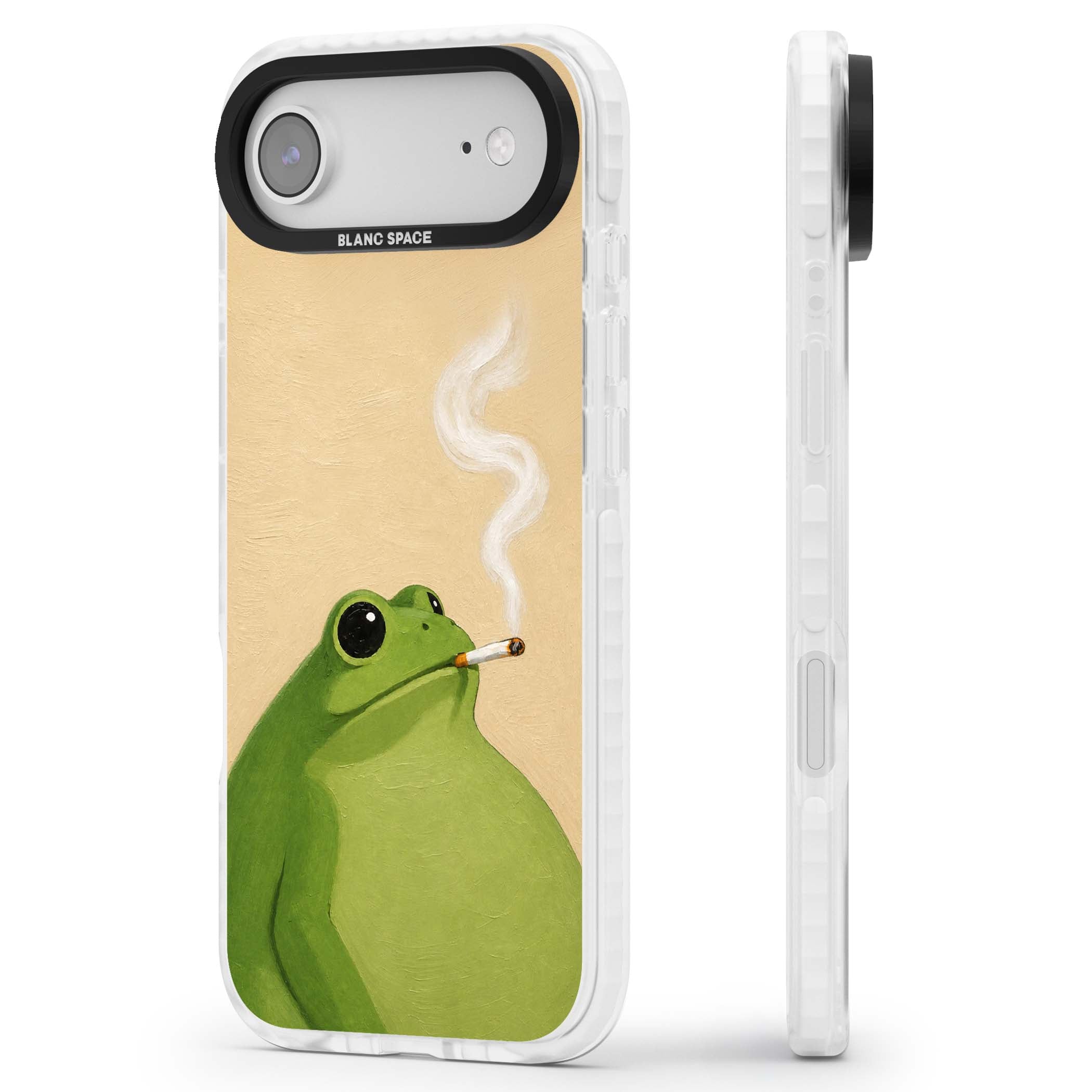 The Smoking Frog cottagecore iPhone case featuring a hand-painted green frog smoking a cigarette on a cream oil painting back | Impact Magsafe case for iPhone Air