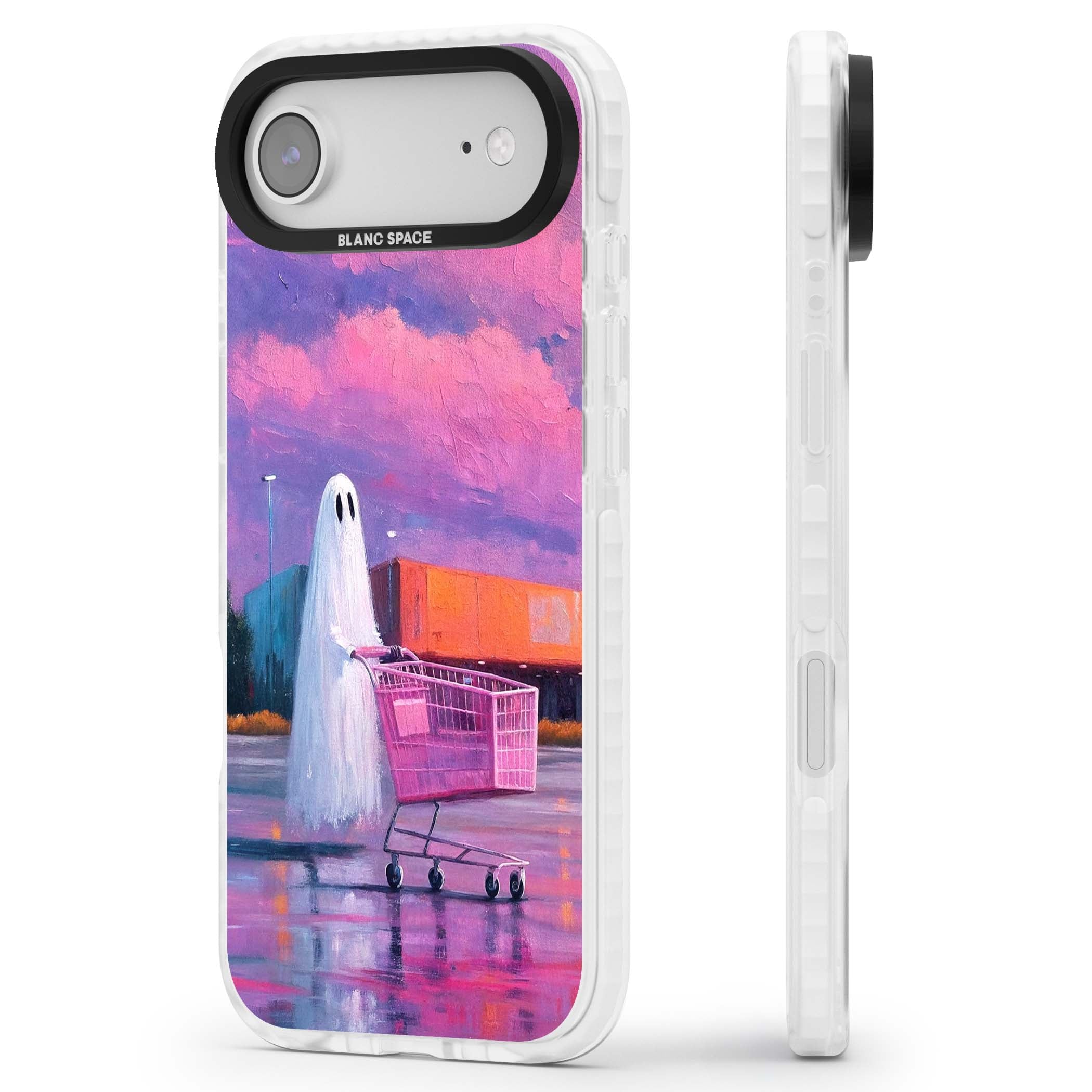 A Ghost's Errand ghost halloween iPhone case featuring a painted ghost, pink shopping trolley and purple sunset sky | Impact Magsafe case for iPhone Air