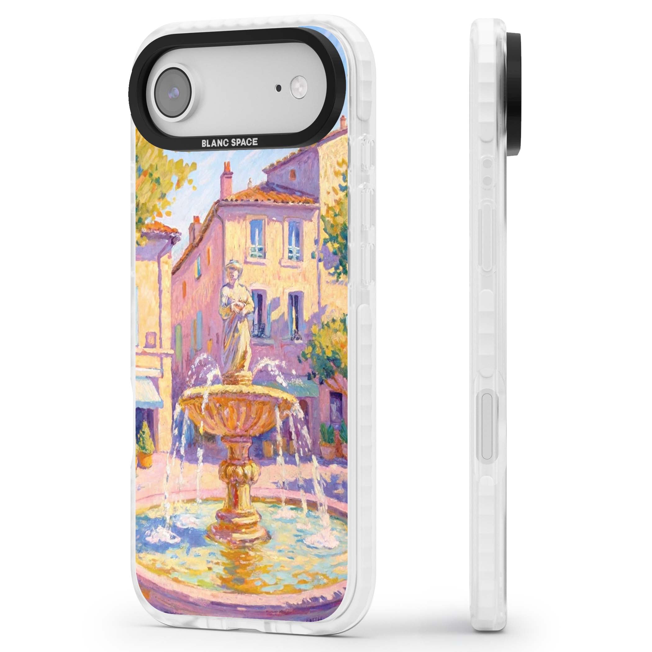 Fountain Square fine art iPhone case featuring an impressionist Provençal fountain, pastel village buildings and summe | Impact Magsafe case for iPhone Air