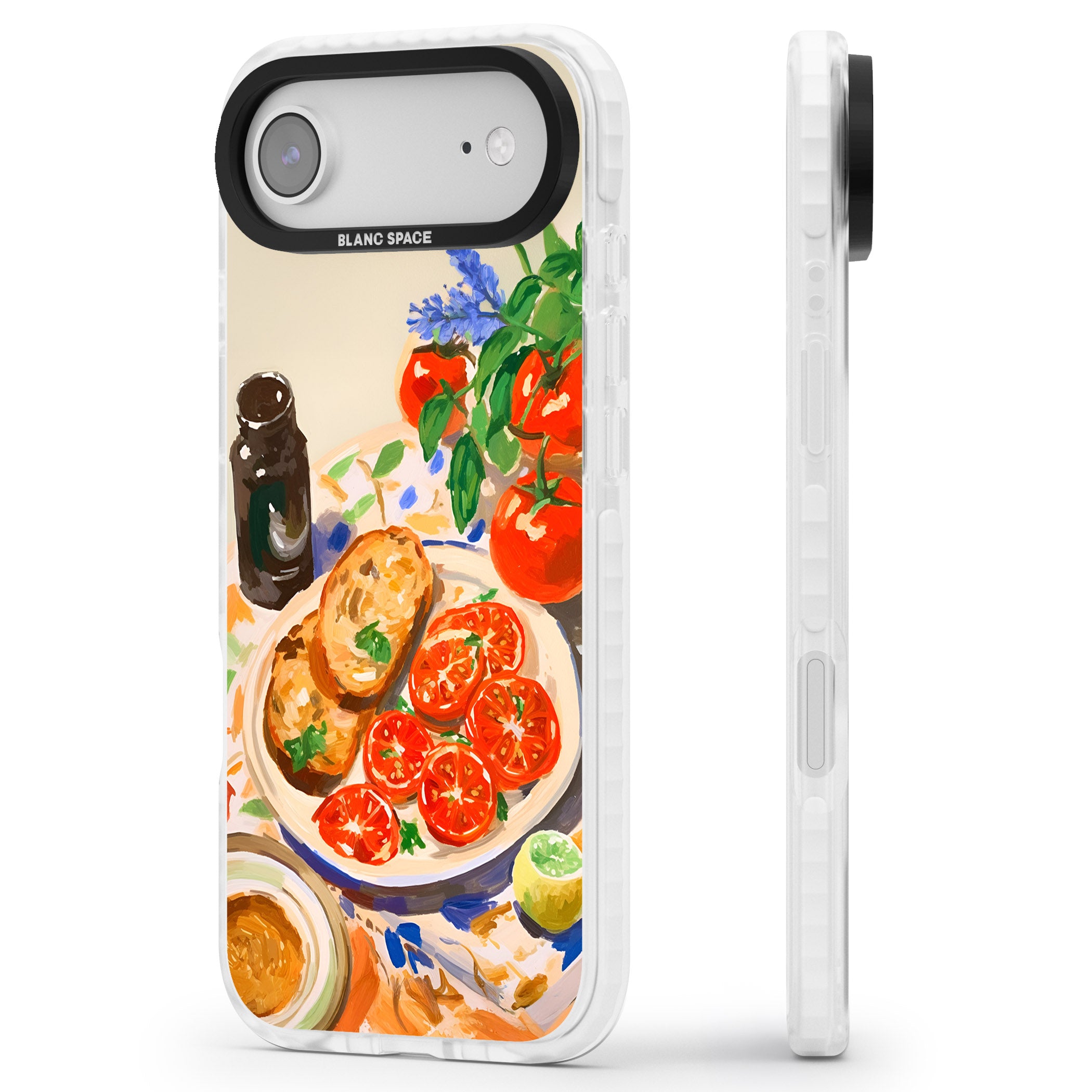 Bruschetta & Tomatoes iPhone 17 Air Impact Pro Clear Phone Case Side Profile