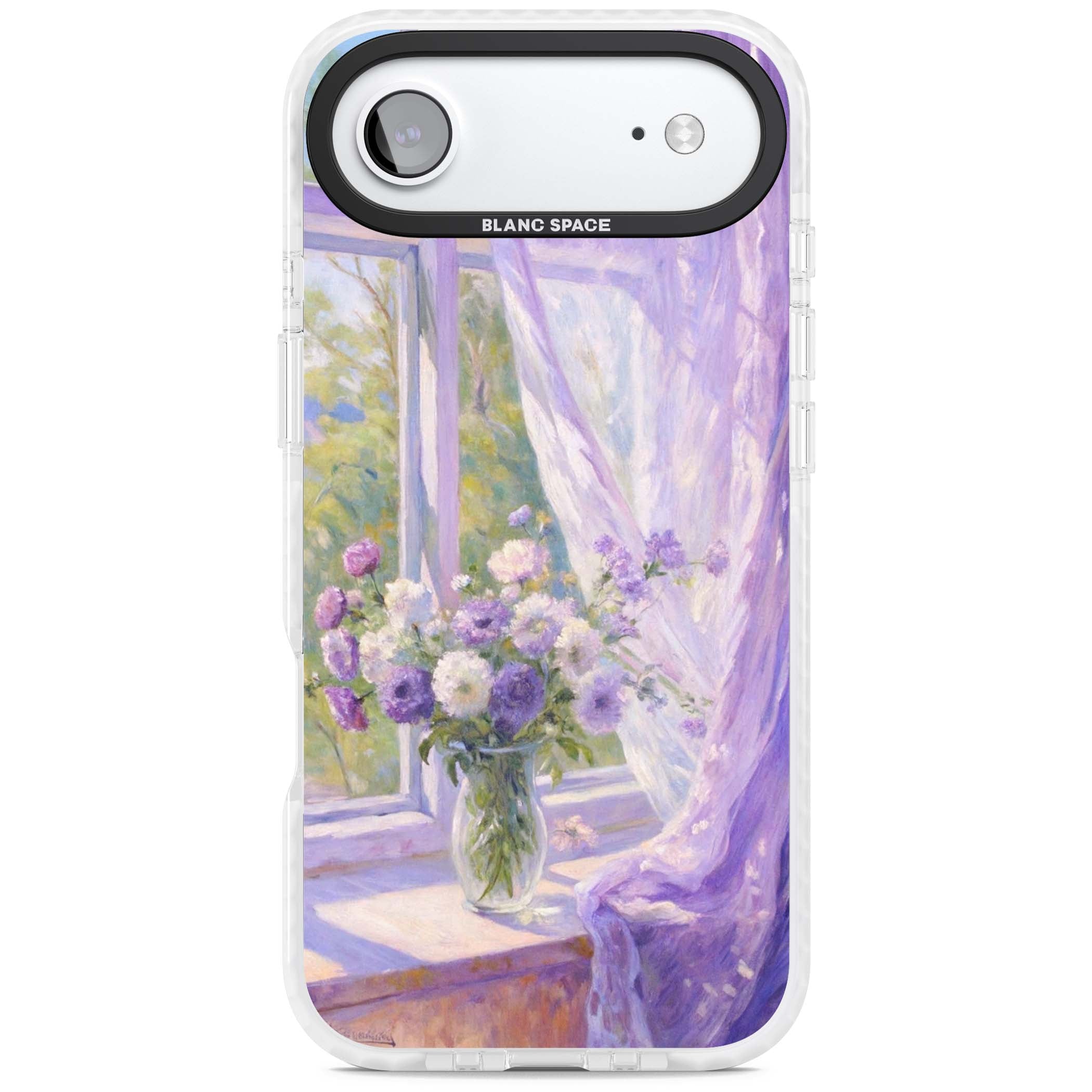 A Provence Morning impressionist art iPhone case featuring a vase of purple flowers, sunlit window and sheer curt | Impact Magsafe case for iPhone Air