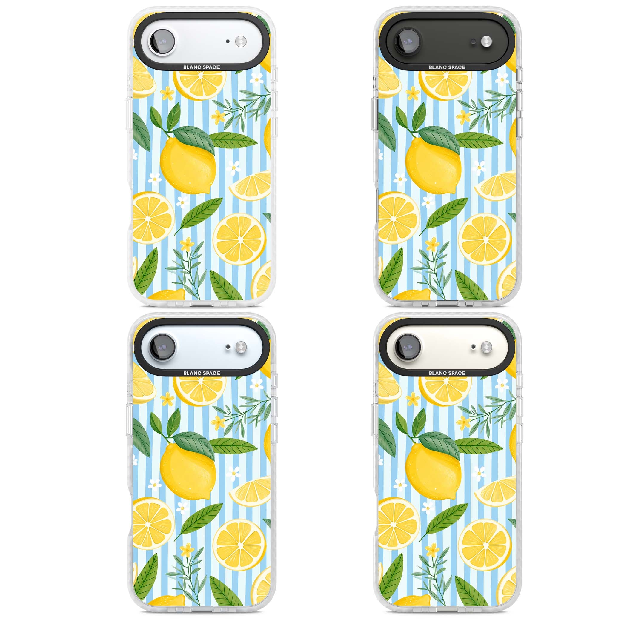 Capri Citrus Stripe coastal iPhone case featuring yellow lemons, blue stripes, and white daisy blossoms | Impact Magsafe case for iPhone Air