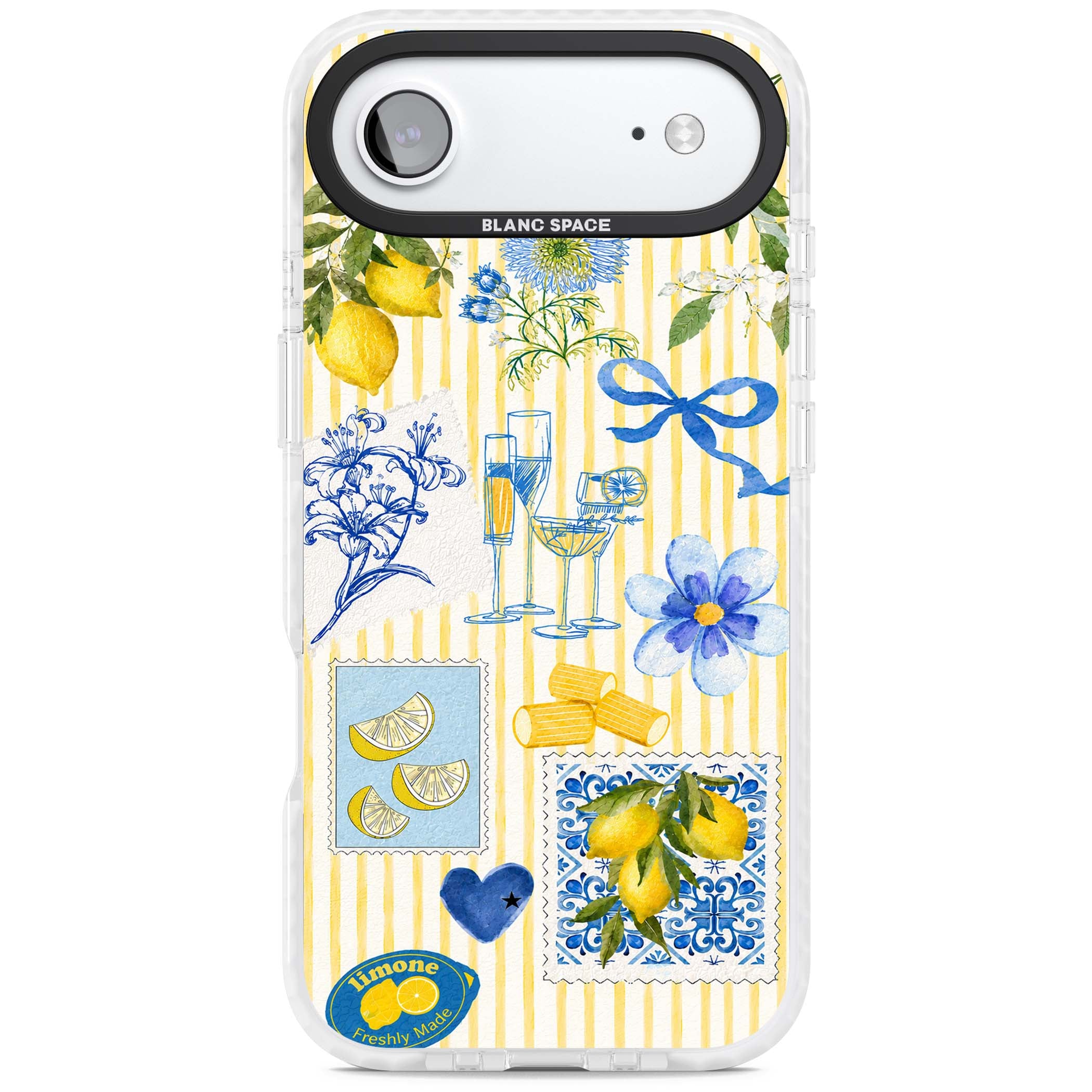 Limone Riviera Italian summer iPhone case featuring watercolour lemons, blue ribbon bows and majolica tile stamps on... | Impact Magsafe case for iPhone Air