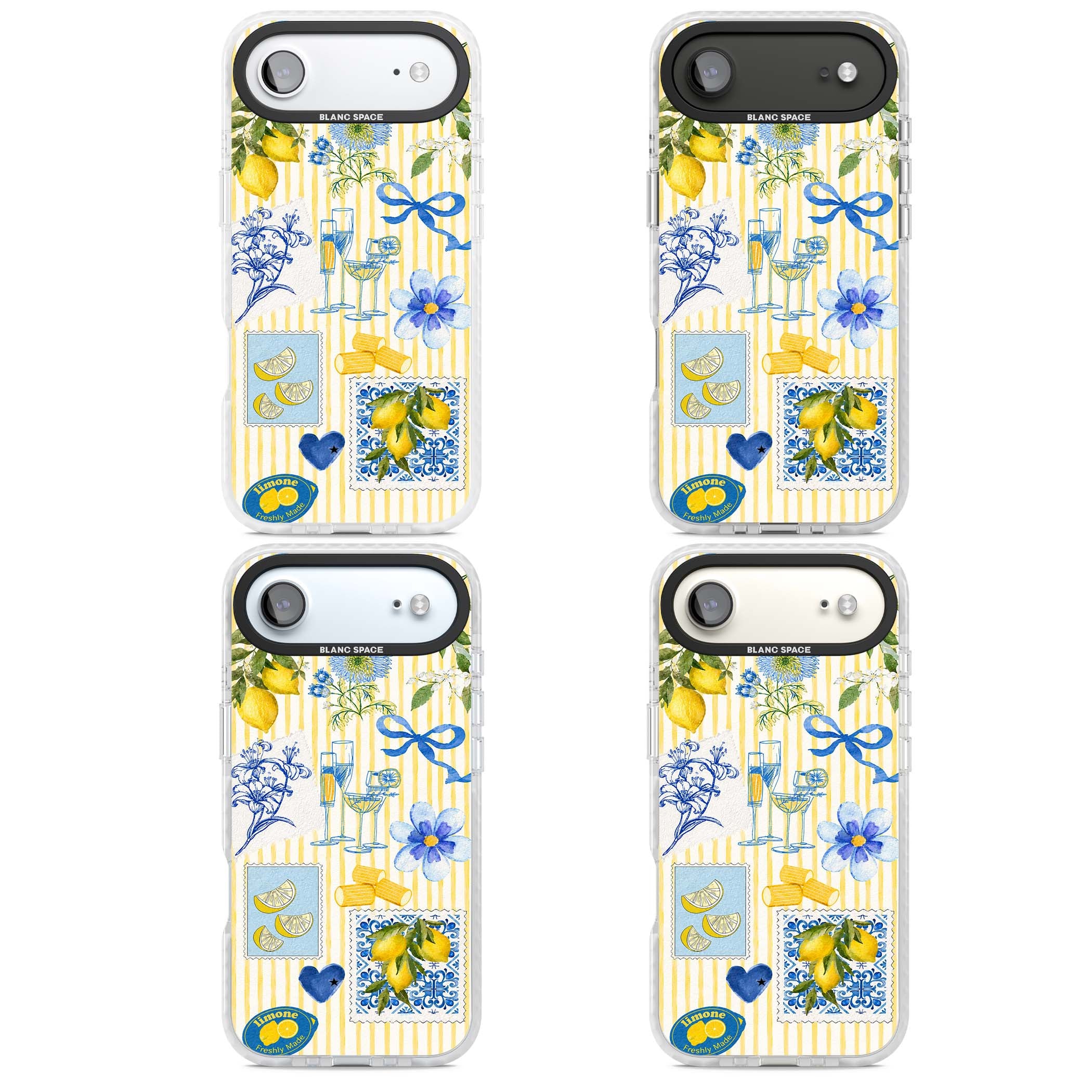 Limone Riviera Italian summer iPhone case featuring watercolour lemons, blue ribbon bows and majolica tile stamps on... | Impact Magsafe case for iPhone Air