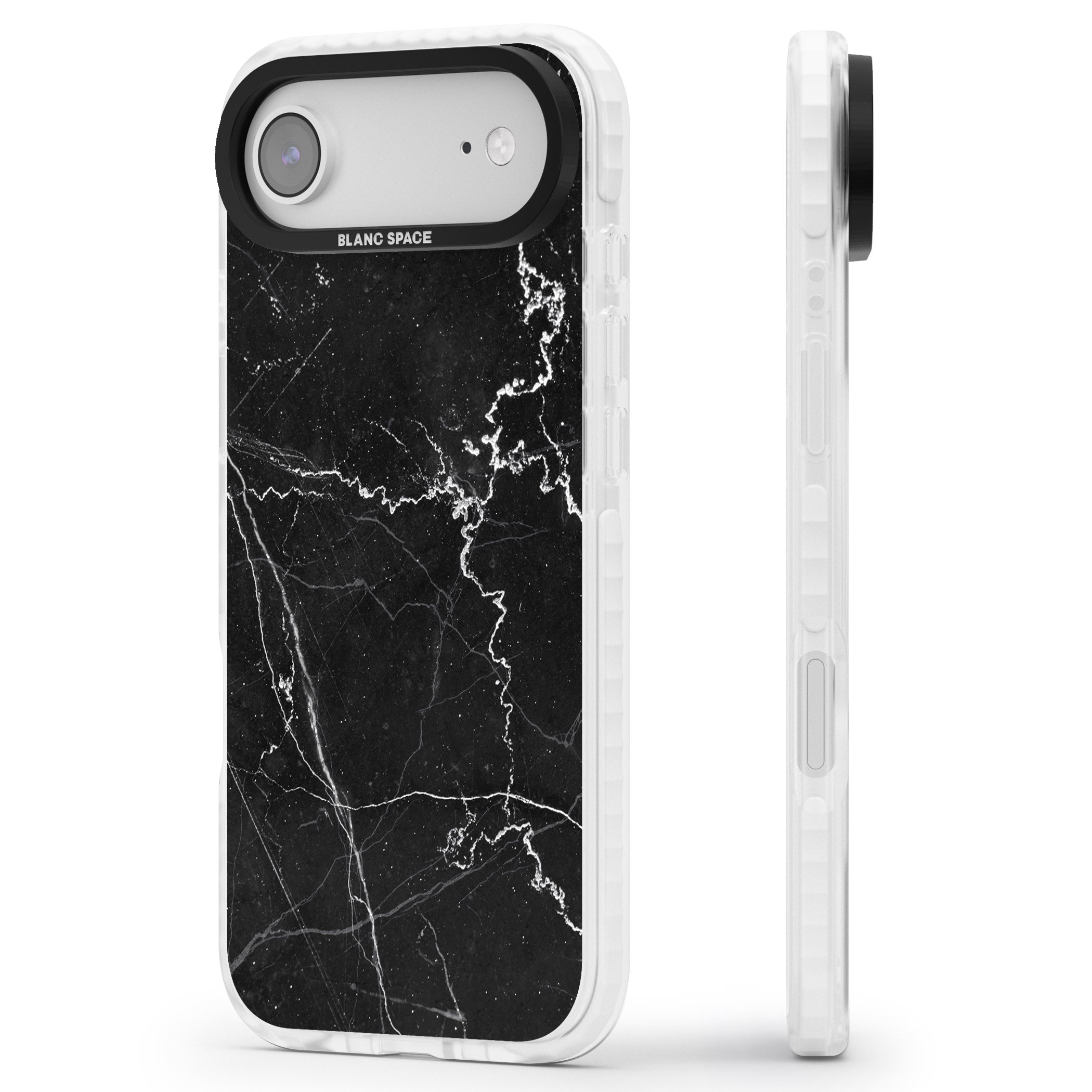 Bold Black Marble With White Texture iPhone 17 Air Impact Pro Clear Phone Case Side Profile