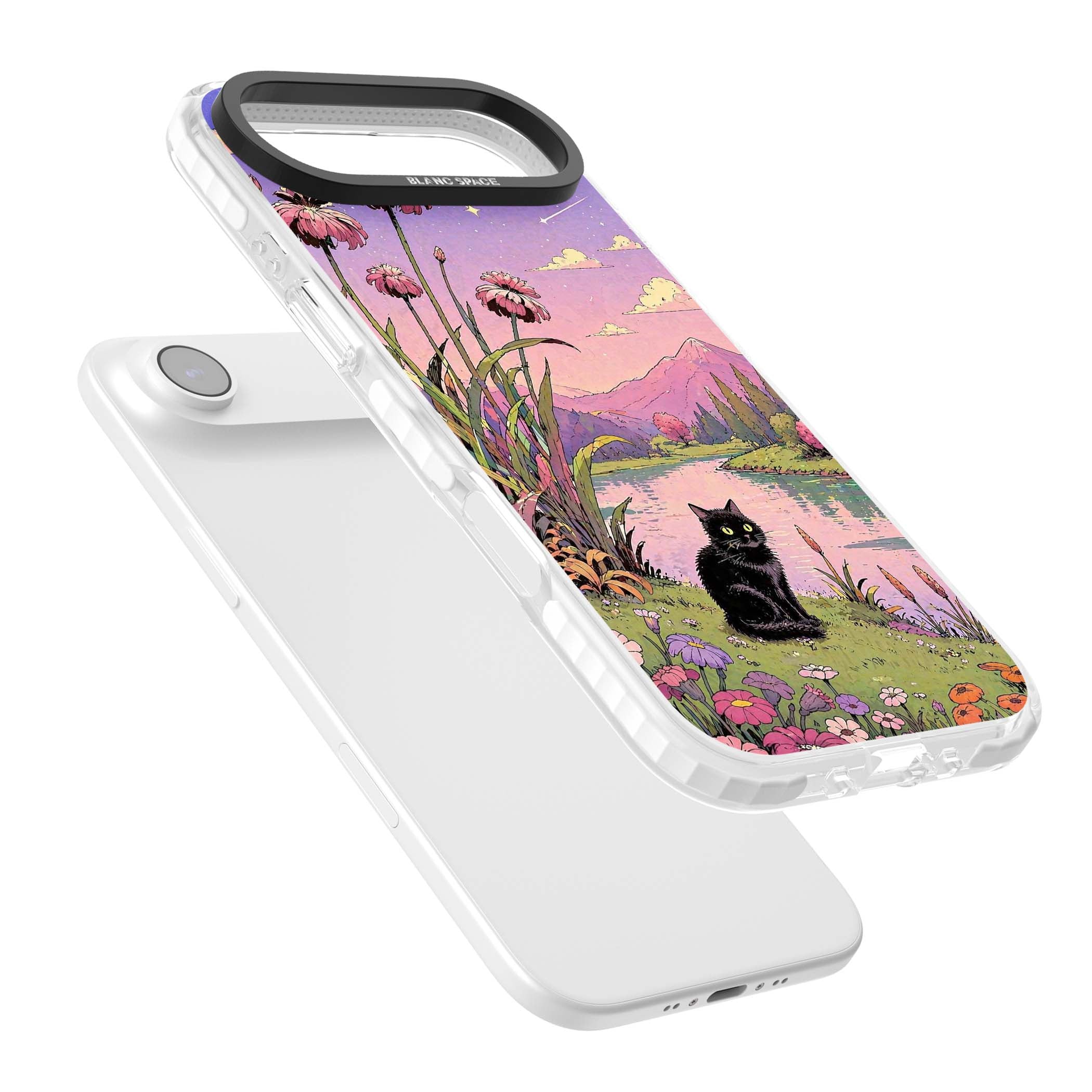Mystic Whiskers ghibli iPhone case featuring a black cat by a pastel lake, wildflowers and a starry sunset sky | Impact Magsafe case for iPhone Air