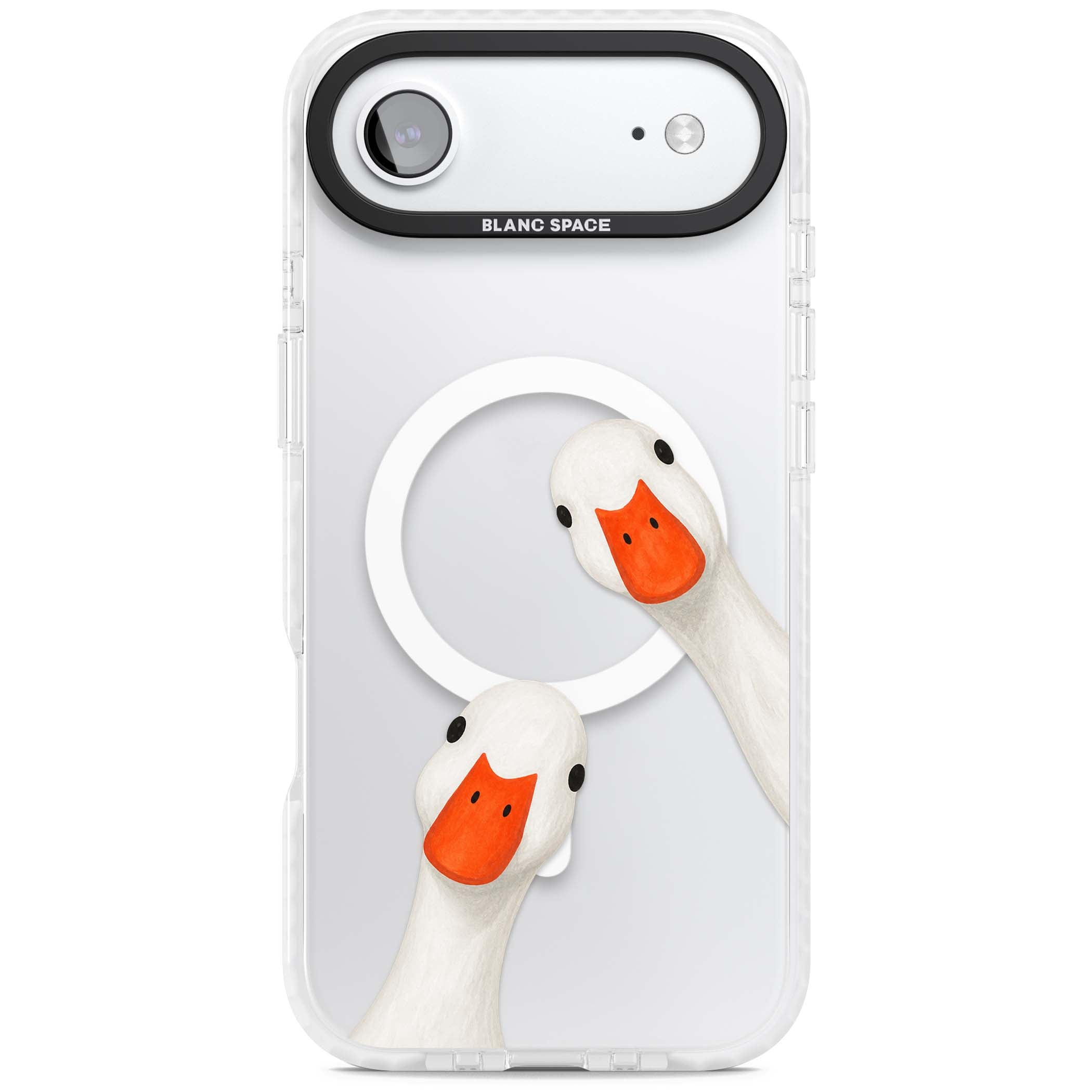Nosy Ducks cottagecore iPhone case featuring two peeking white ducks with orange beaks on a clear background | Impact Magsafe case for iPhone Air