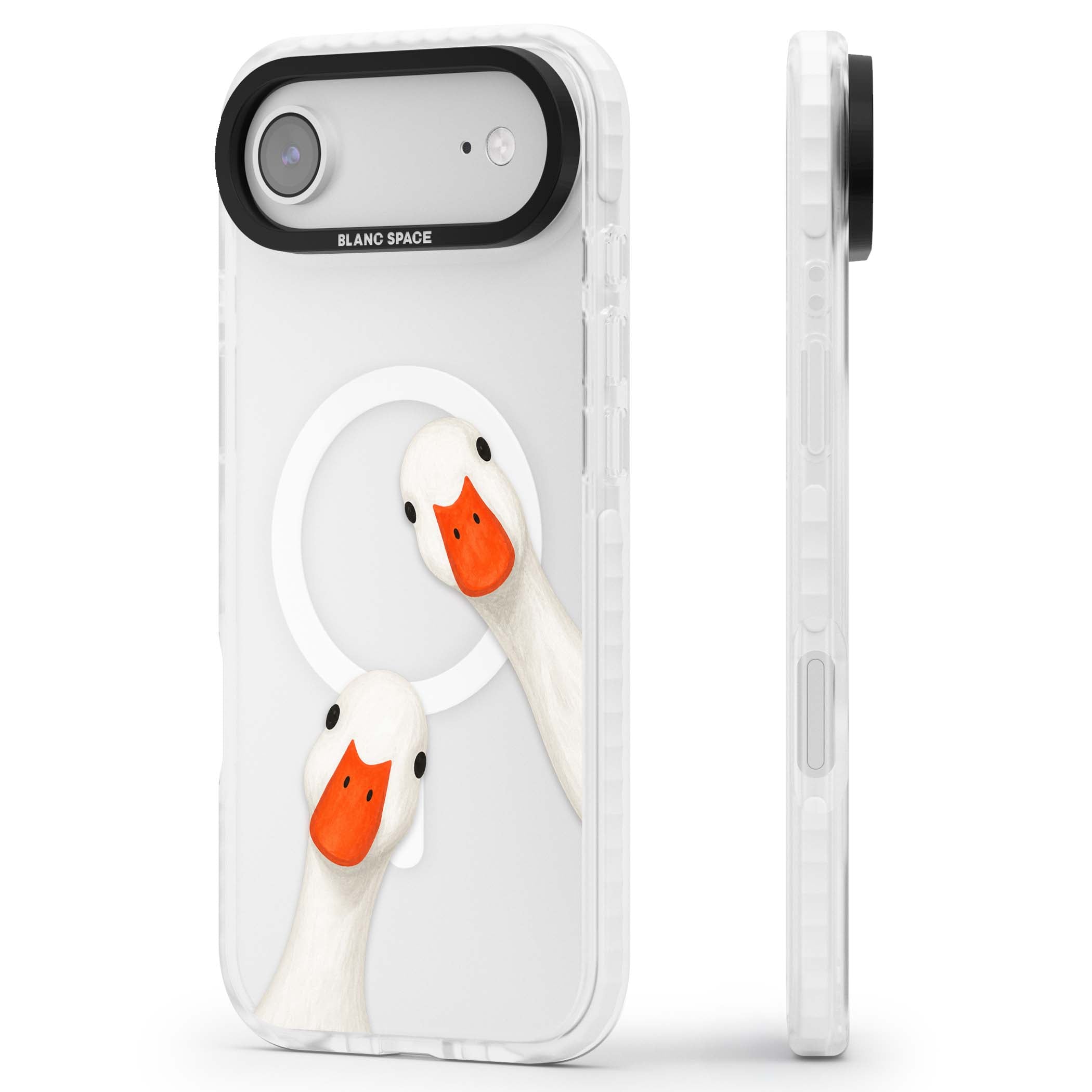 Nosy Ducks cottagecore iPhone case featuring two peeking white ducks with orange beaks on a clear background | Impact Magsafe case for iPhone Air