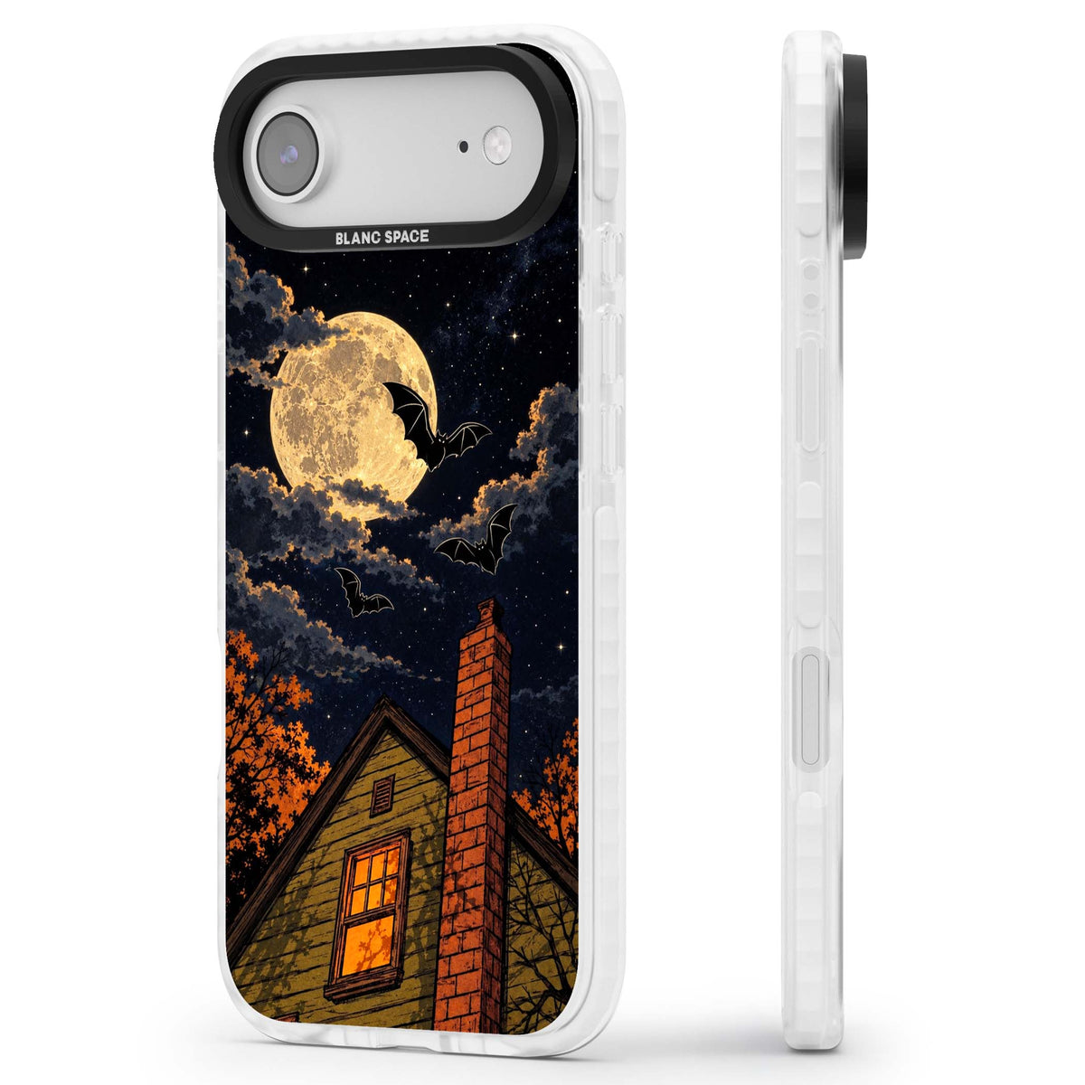 Hollows Eve Halloween iPhone case featuring a haunted house, full moon and flying bats against a starry autumn sky | Impact Magsafe case for iPhone Air