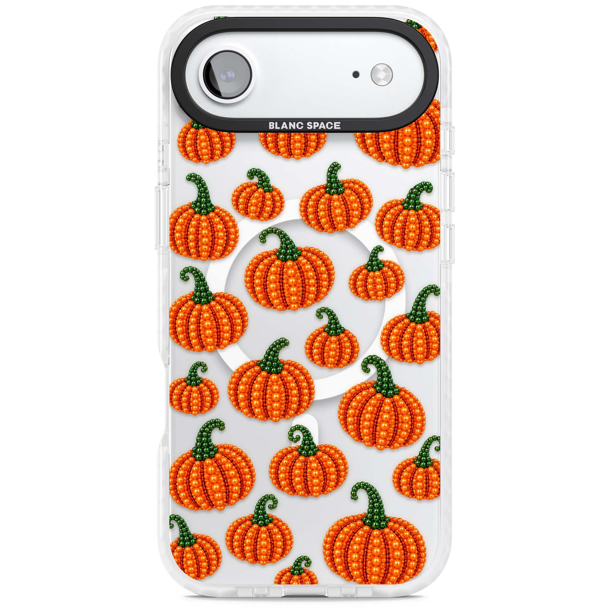 Beaded Pumpkins halloween iPhone case featuring beaded orange pumpkins with green stems on a clear background | Impact Magsafe case for iPhone Air