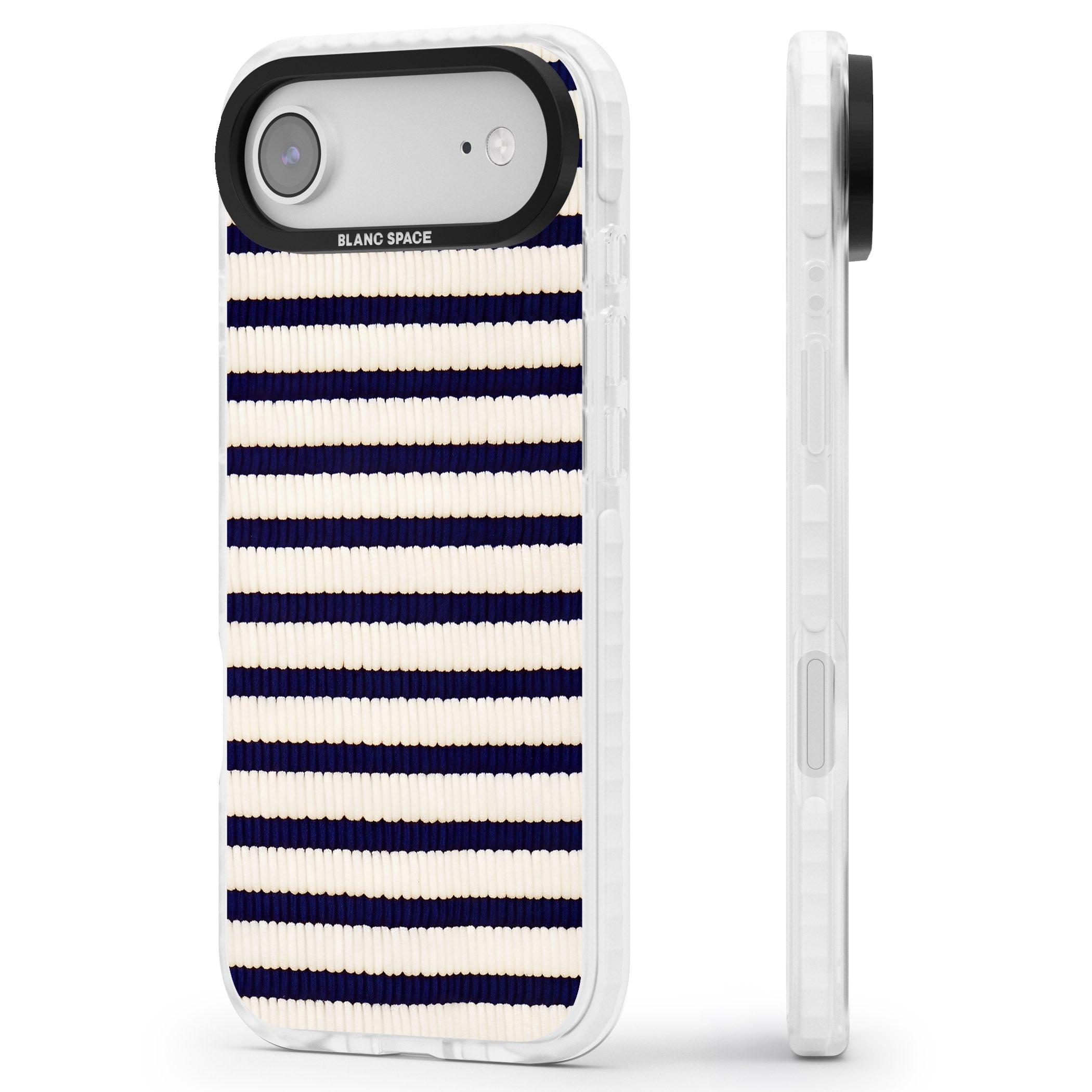 Navy & Cream Stripes iPhone 17 Air Impact Pro Clear Phone Case Side Profile