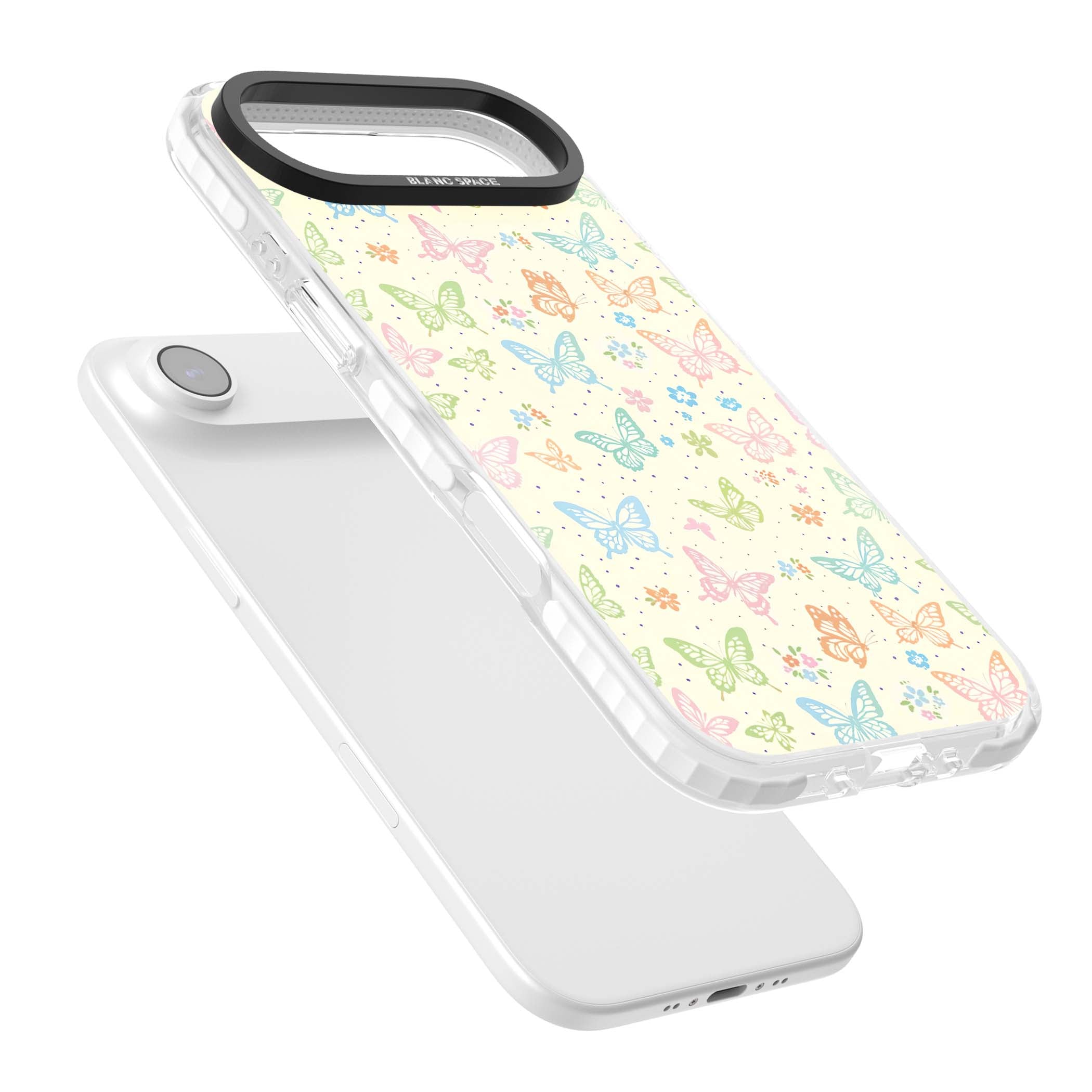 Sugar Wings cottagecore iPhone case featuring rainbow pastel butterflies, tiny wildflowers, and a cream background | Impact Magsafe case for iPhone Air
