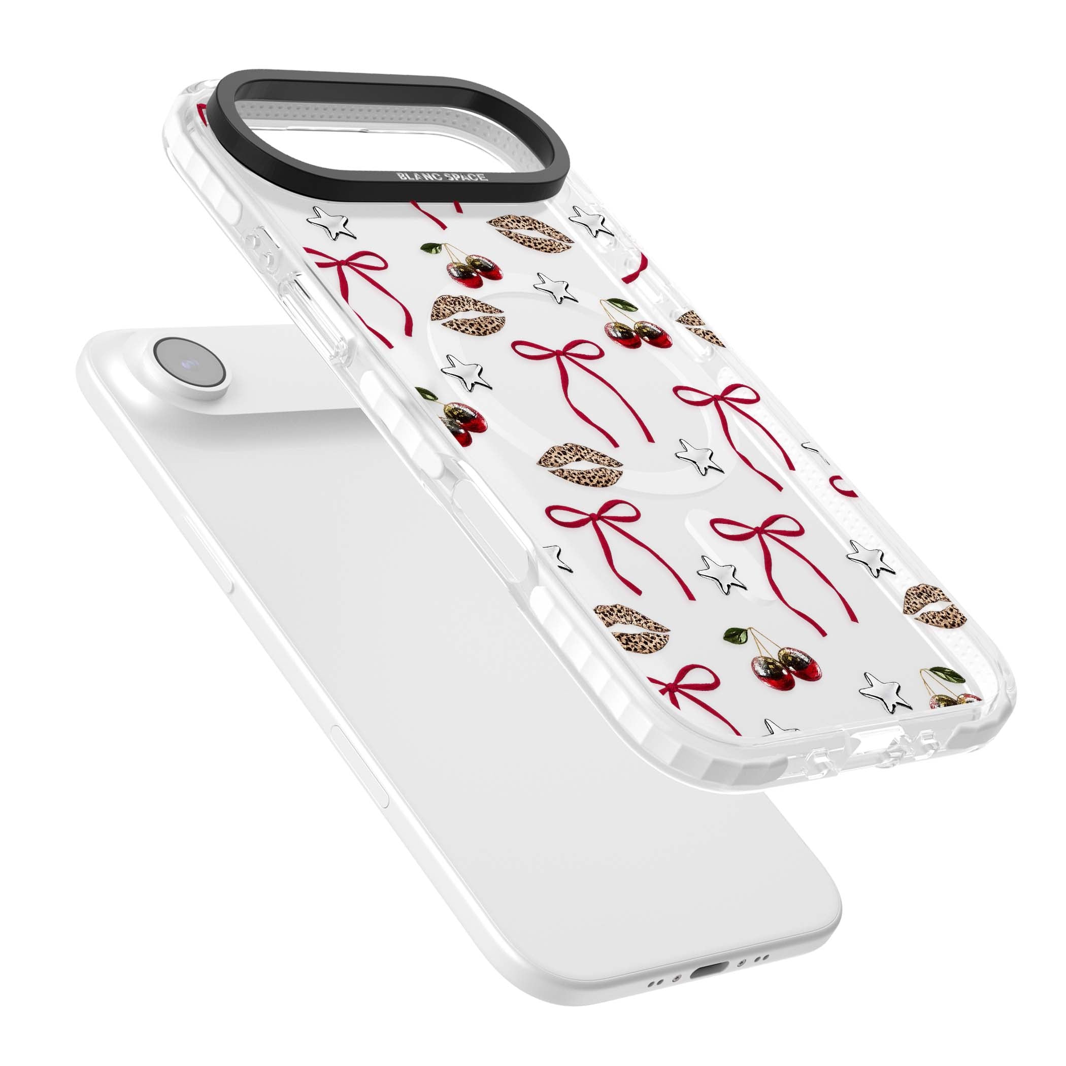 Starlet coquette iPhone case featuring red ribbon bows, disco cherries and leopard-print lips | Impact Magsafe case for iPhone Air