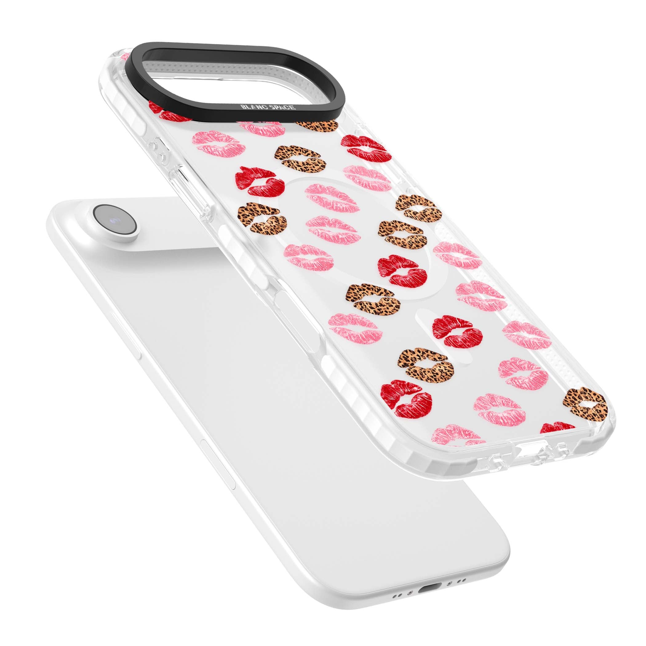 Wild Kisses coquette iPhone case featuring red, pink and leopard print lipstick kiss marks on a clear background | Impact Magsafe case for iPhone Air