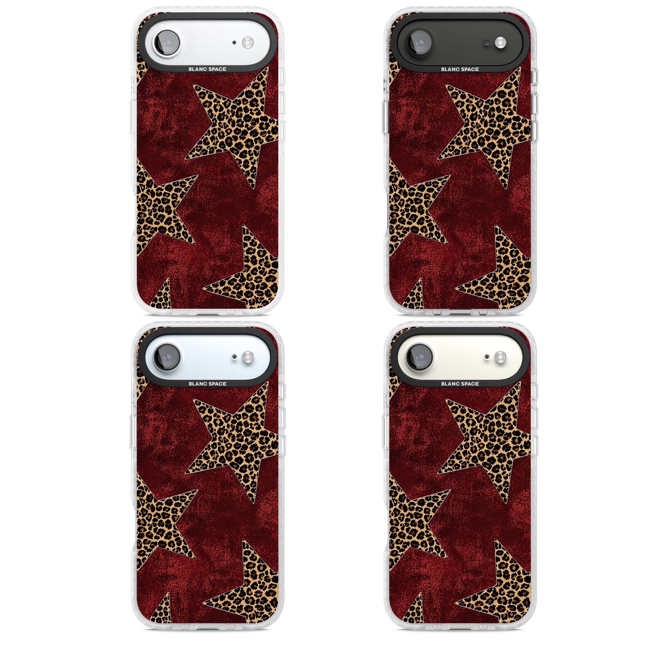 Showgirl leopard print iPhone case featuring cheetah print stars on distressed red grunge background | Impact Magsafe case for iPhone Air
