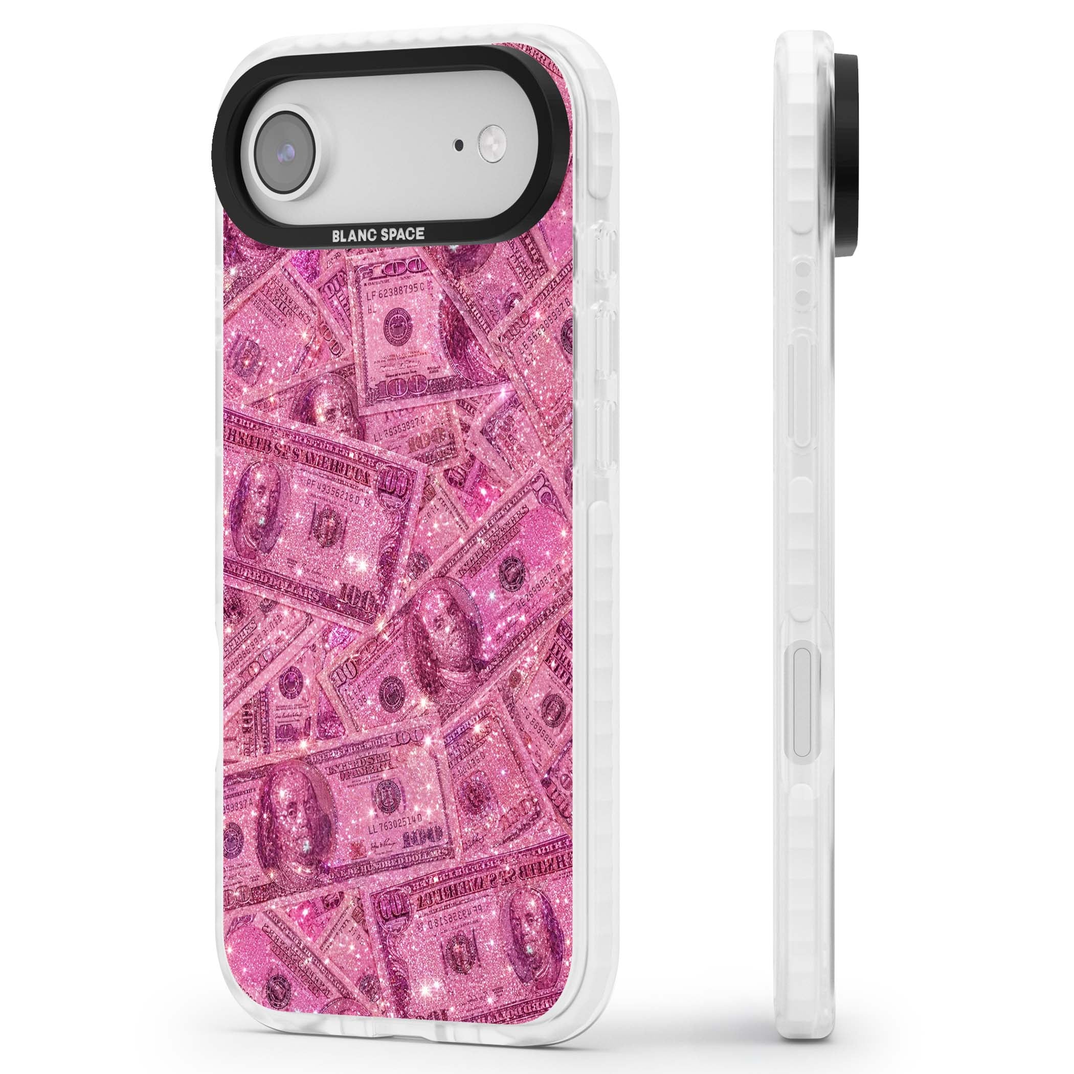 Glamorous baddie iPhone case featuring pink glitter hundred dollar bills and sparkling money wallpaper design | Impact Magsafe case for iPhone Air