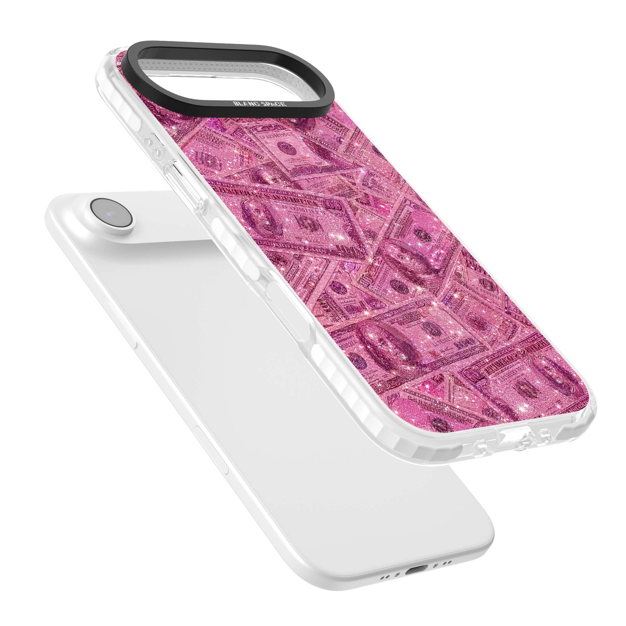 Glamorous baddie iPhone case featuring pink glitter hundred dollar bills and sparkling money wallpaper design | Impact Magsafe case for iPhone Air