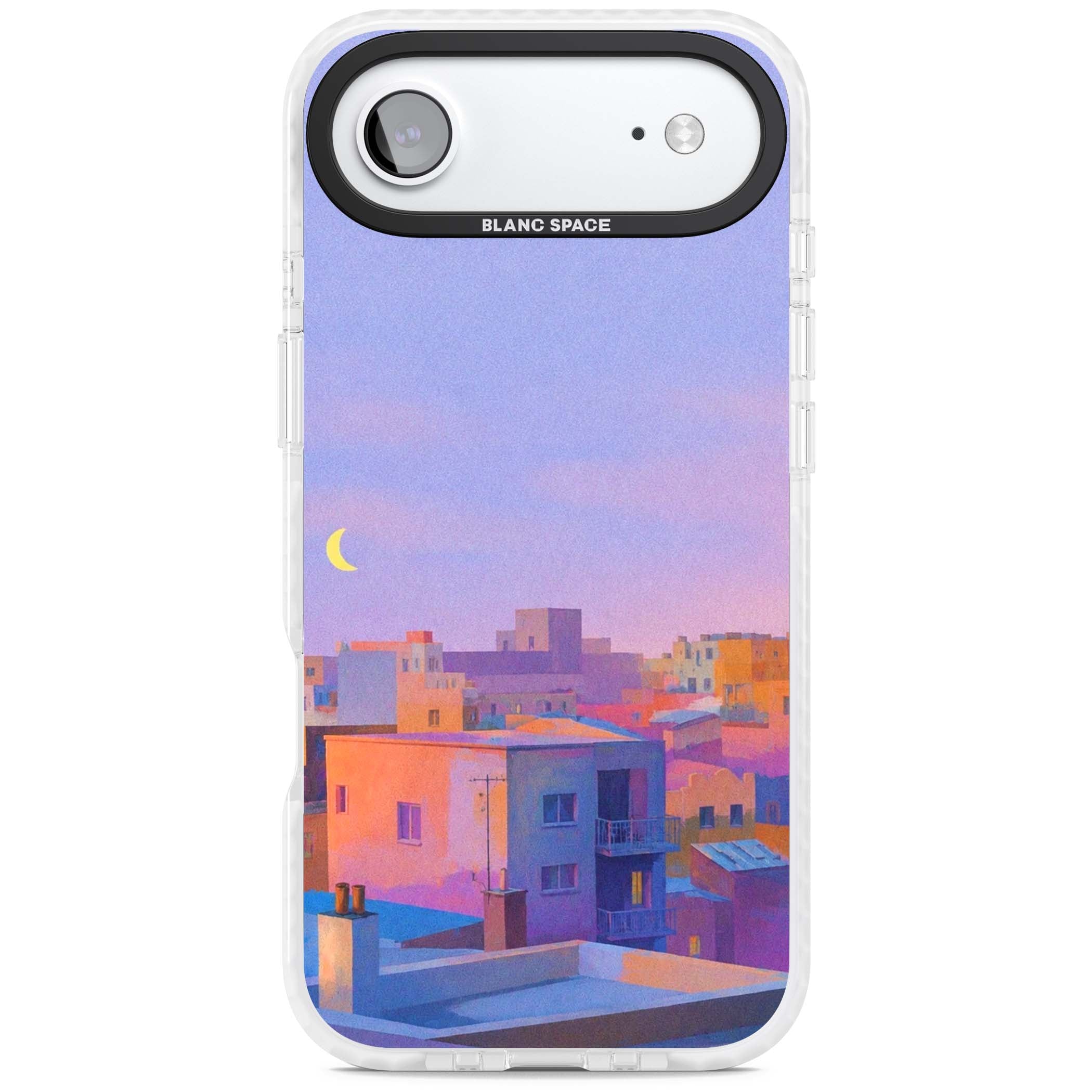Twilight Rooftops vaporwave iPhone case featuring a pastel sunset cityscape, painted rooftops and a crescent moon. | Impact Magsafe case for iPhone Air