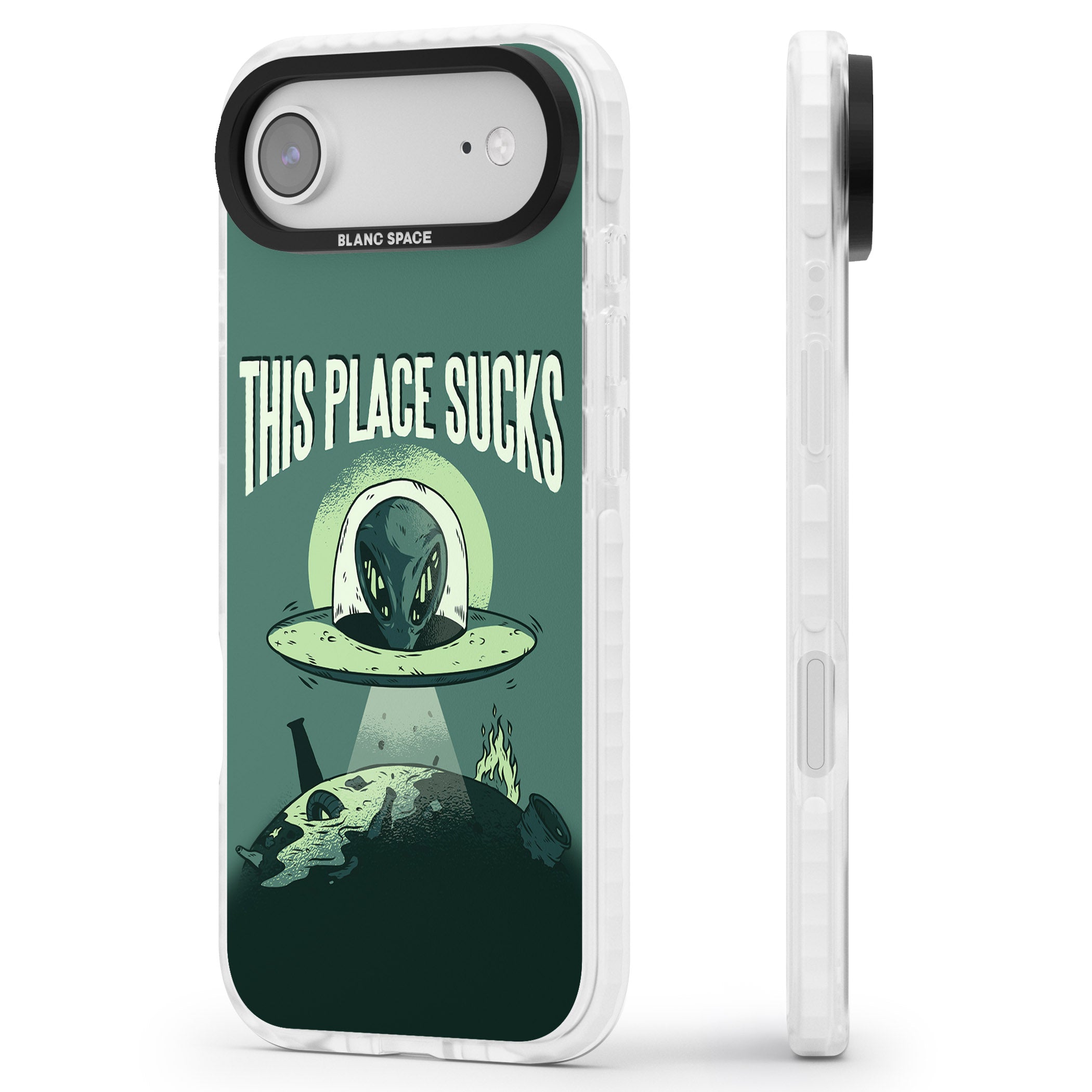 Earth Sucks iPhone 17 Air Impact Pro Clear Phone Case Side Profile