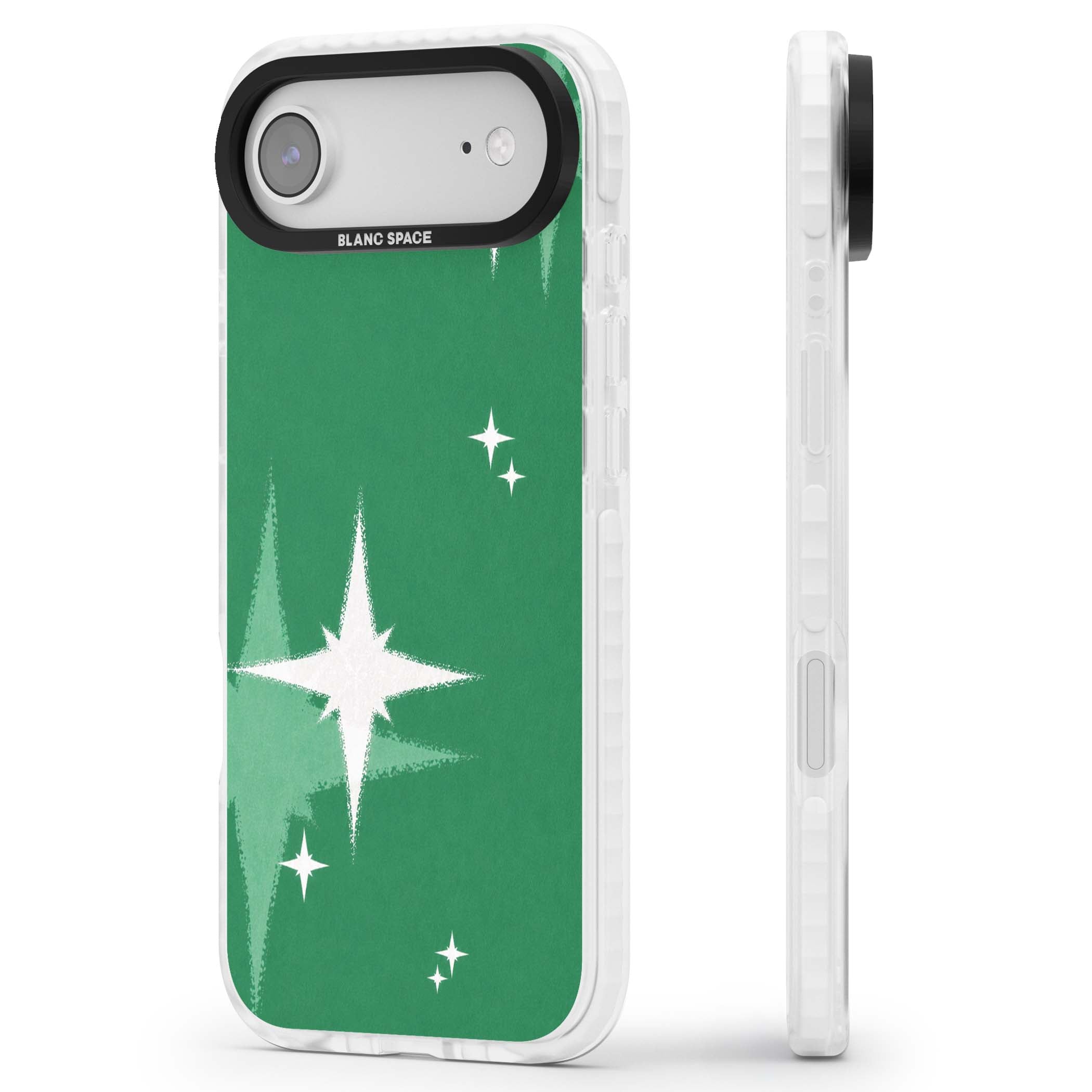 Green Sparkle celestial iPhone case featuring sparkling white four-point stars on a deep green background | Impact Magsafe case for iPhone Air
