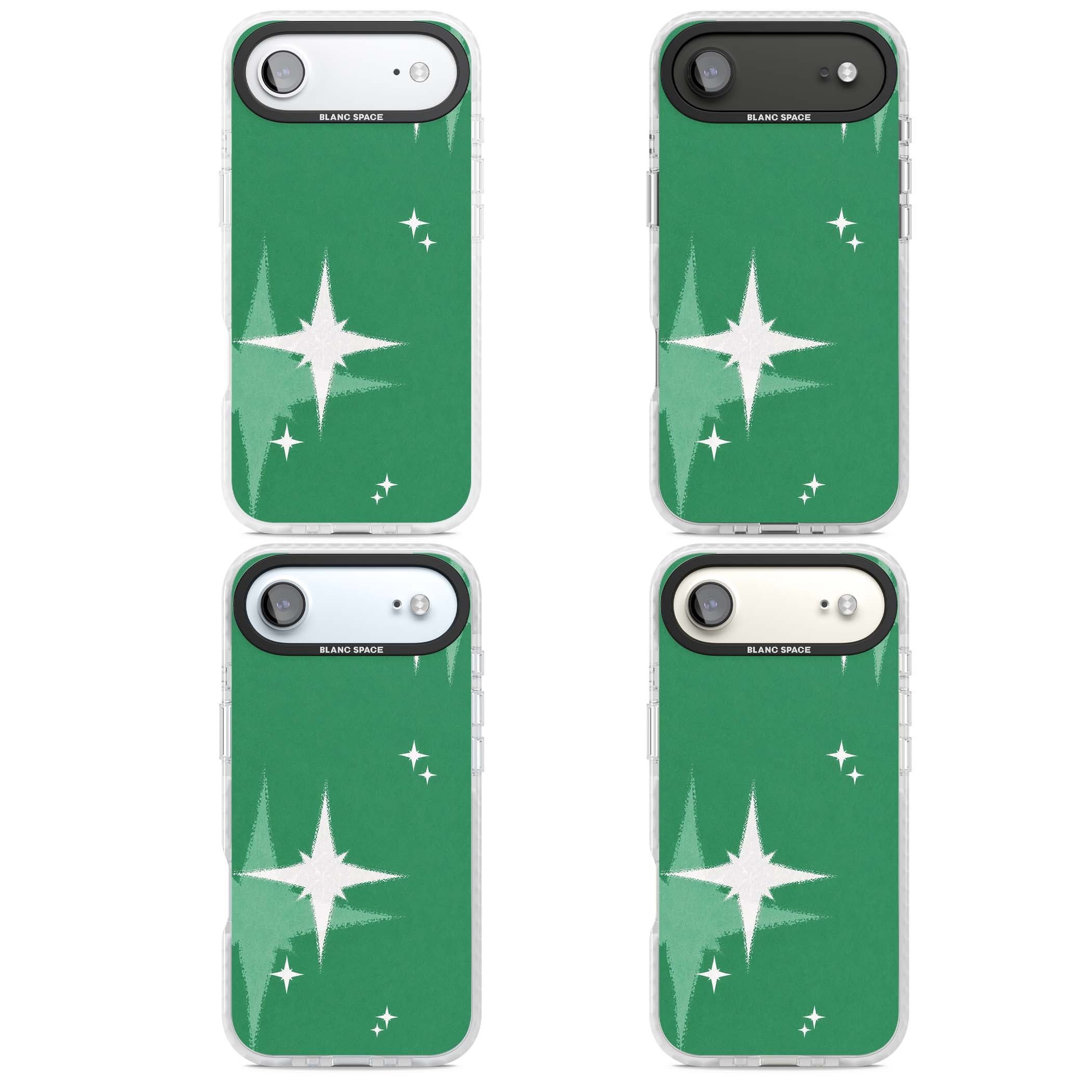 Green Sparkle celestial iPhone case featuring sparkling white four-point stars on a deep green background | Impact Magsafe case for iPhone Air