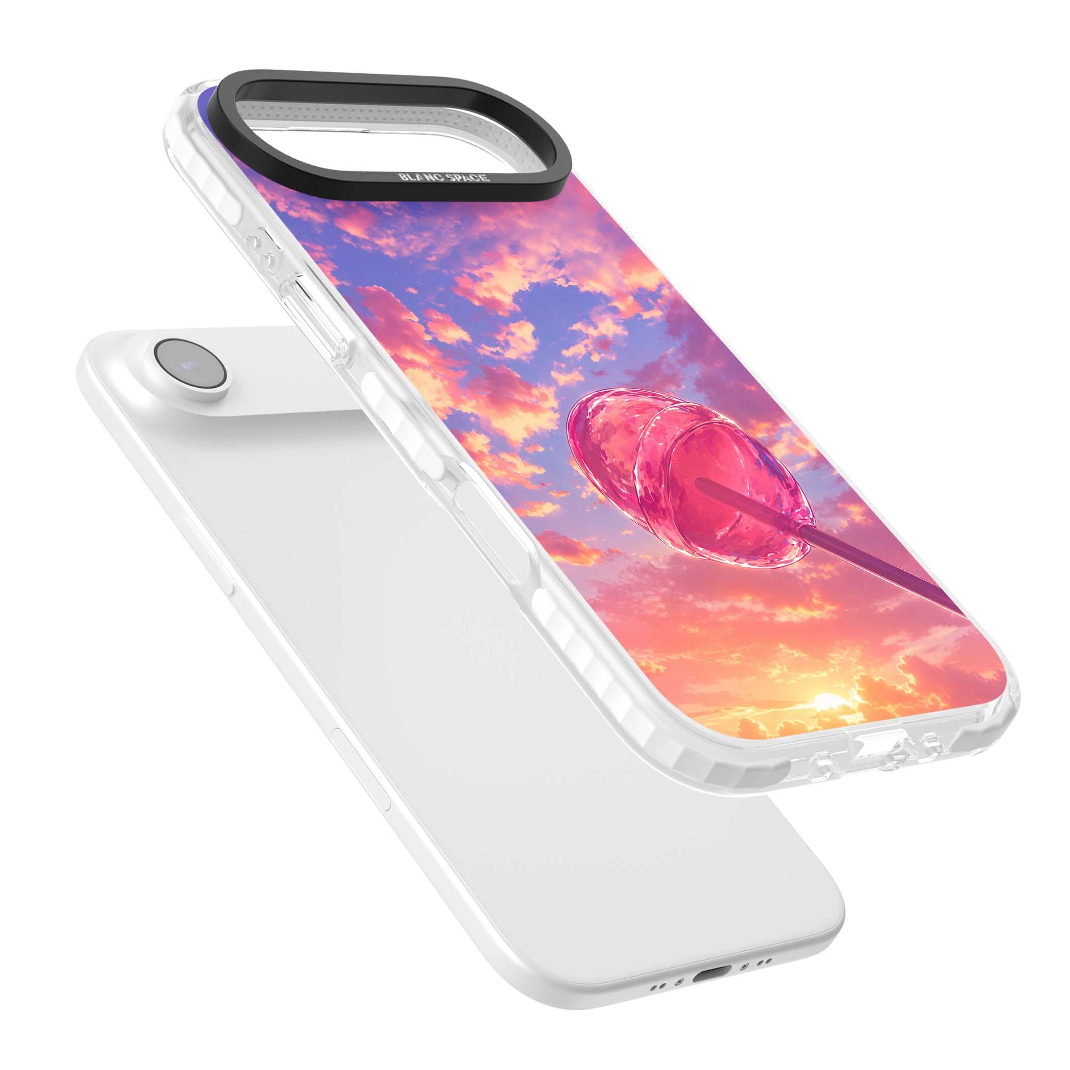 Sugar Sunset candy aesthetic iPhone case featuring a pink lollipop, pastel sunset sky and dreamy clouds | Impact Magsafe case for iPhone Air